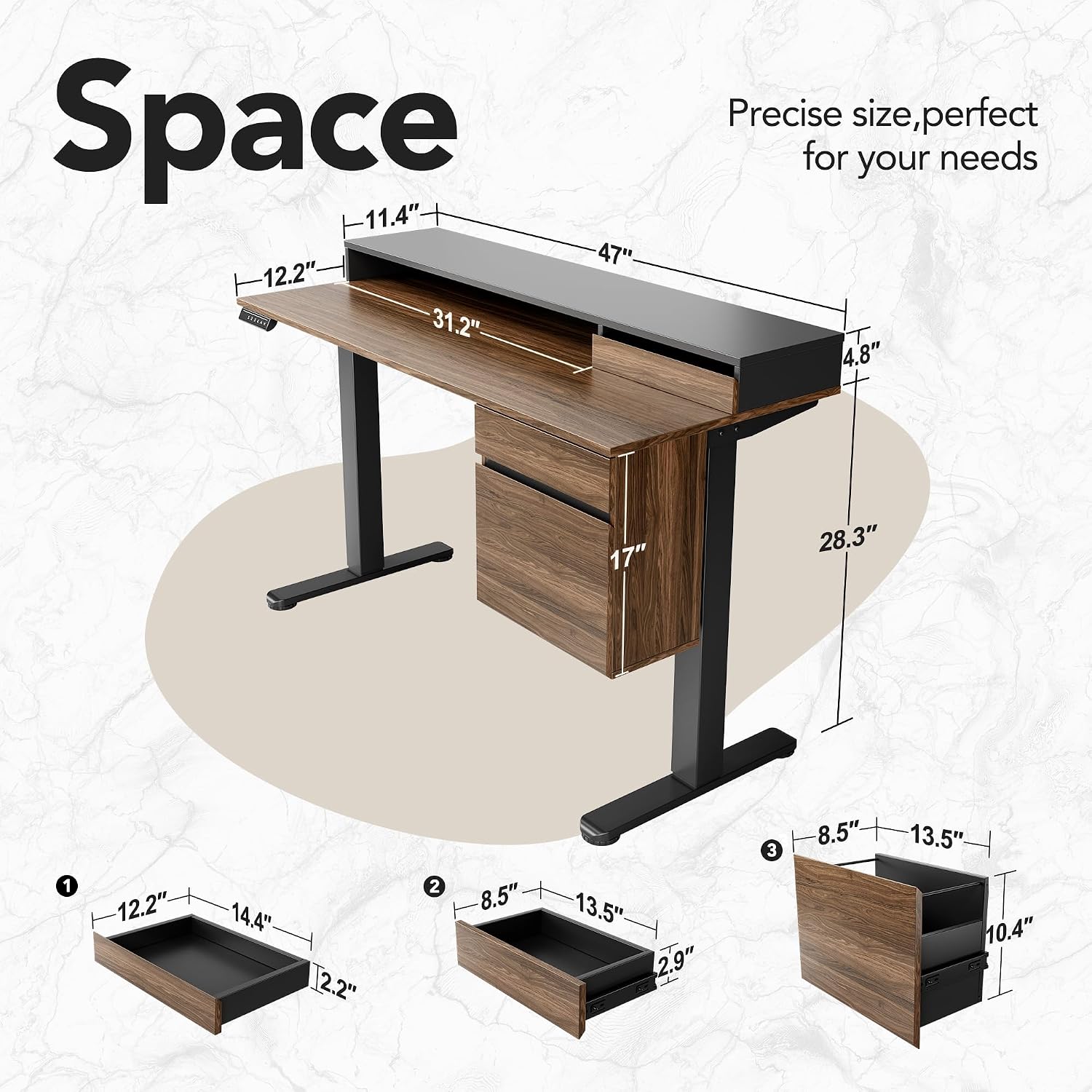HUANUO Standing Desk with Drawers and File Cabinet, 47 Inch Electric Height Adjustable Desk with Storage, Ergonomic Stand Up Table Compatible with Monitor Stand, Black Walnut