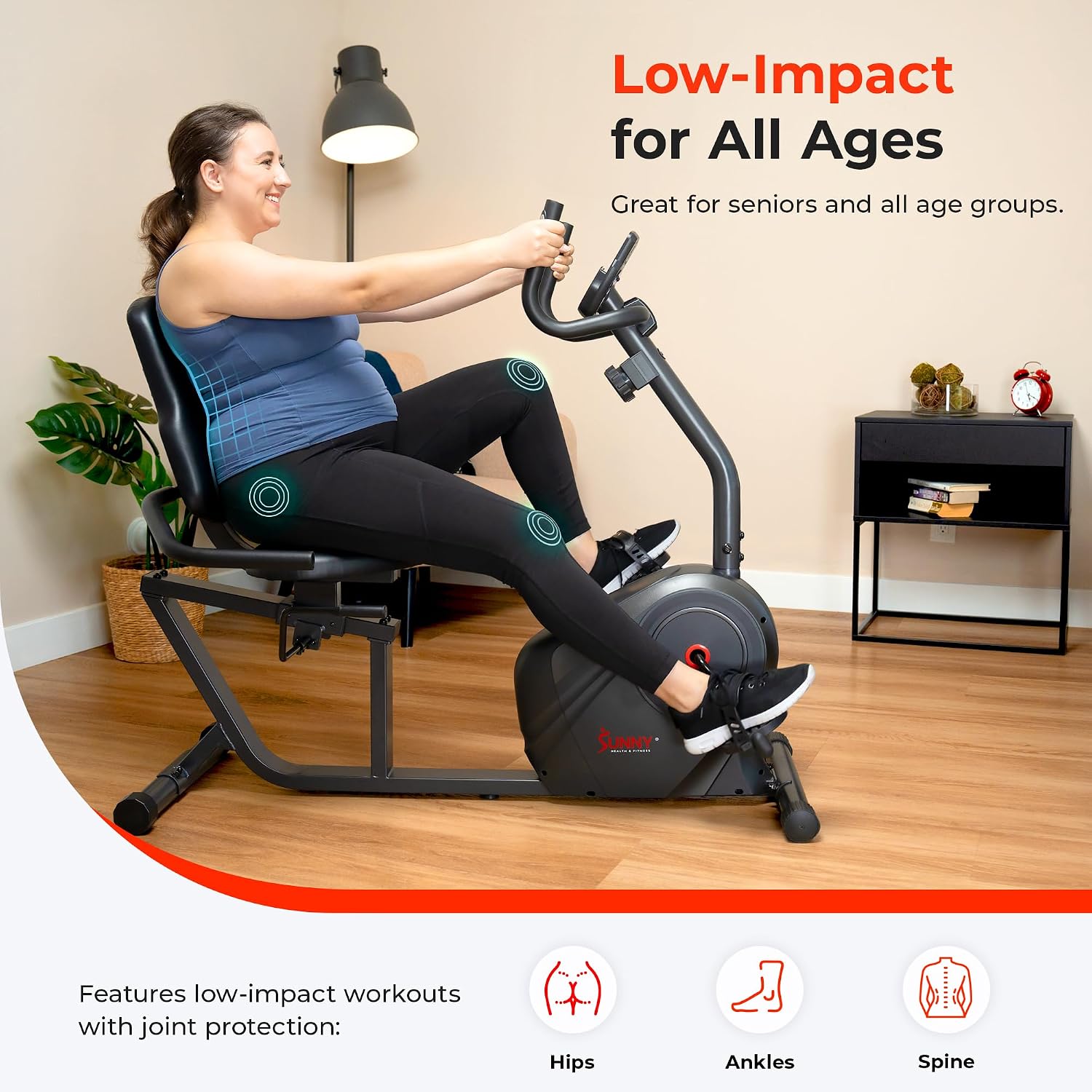 Sunny Health & Fitness Smart Recumbent Bike, Wide Cushioned Seat & Back, Indoor Cycling Machine for Adult/Seniors Home Exercise, Free SunnyFit App Connection