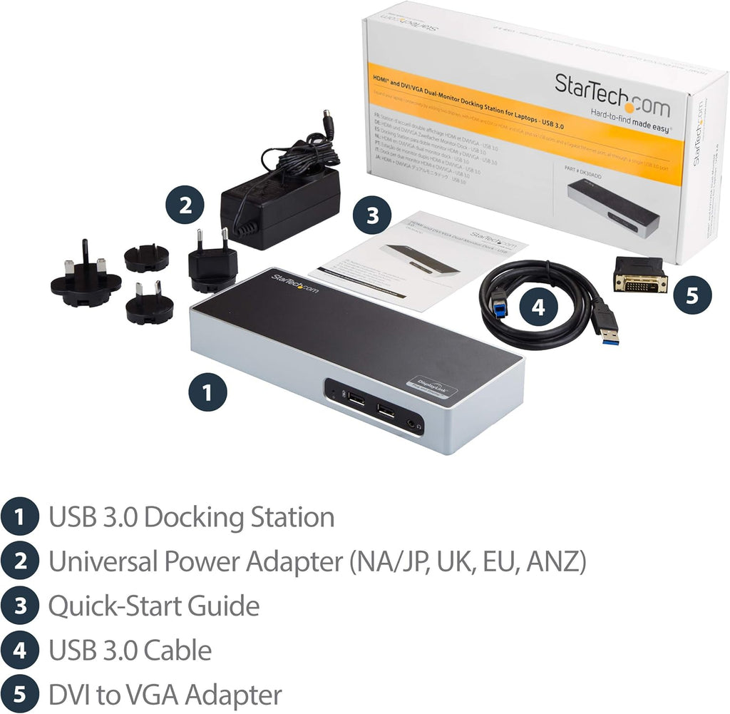StarTech.com USB 3.0 Docking Station - Dual Monitor Laptop Docking Station with HDMI & DVI/VGA Video - 6-port USB 3.1 Gen 1 5Gbps Hub, GbE, Audio - Universal Type-A Dock - Windows & Mac (DK30ADD)