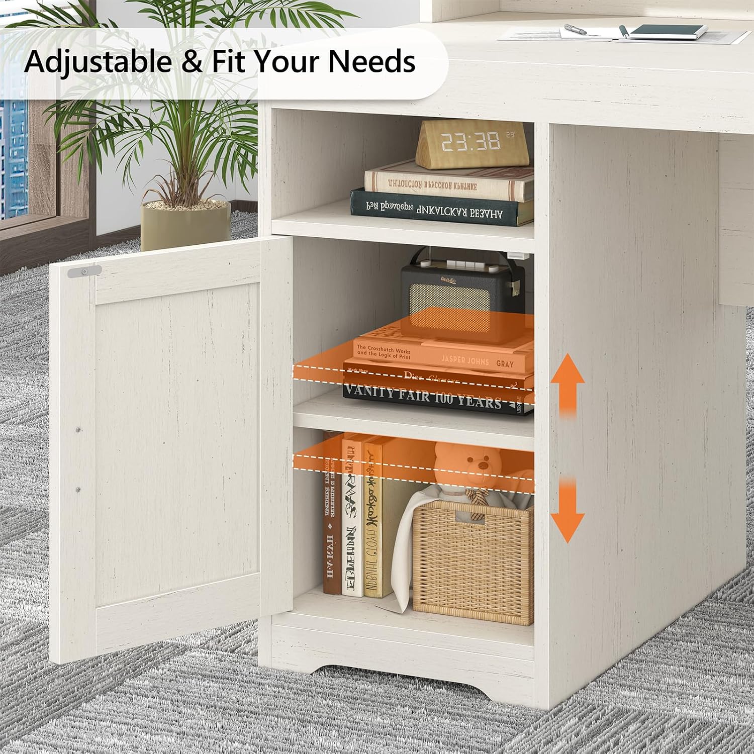 TVU Farmhouse Computer Desk with Drawers, 65'' Home Office Desk with Power Outlets, Storage Cabinet and Printer Stand, Study Writing Desks with Long Monitor Stand, White