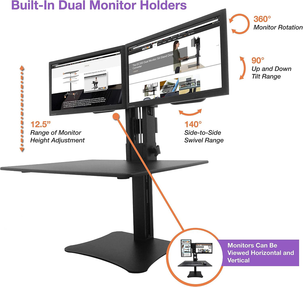 Victor High Rise Collection Dual Monitor Sit-Stand Standing Desk Converter, 28' by 23' by 15.5', Black