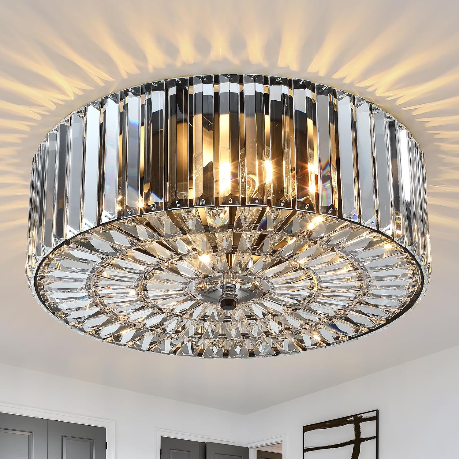 Large Crystal Ceiling Light, 17.5' Black K9 Crystal Flush Mount Ceiling Light, 4-Light Round Luxury Light Fixture for Dining Room, Bedroom, Hotel, Living Room, XDD007-4-BK