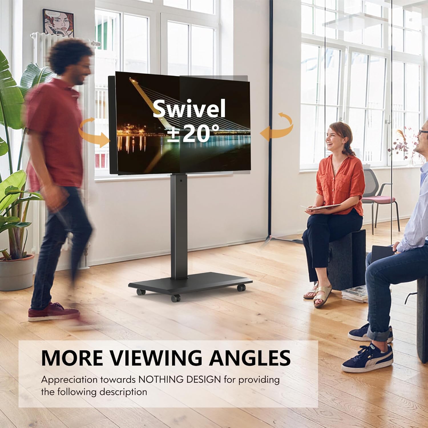 FITUEYES Rolling TV Stand - Portable Mobile TV Cart on Wheels for 32 to 65 70 75 Inch TVs, Landscape to Portrait Rotating and 40°Swivel, Height Adjustable TV Cart Rolling TV Stand Hold Up to 88 Lbs