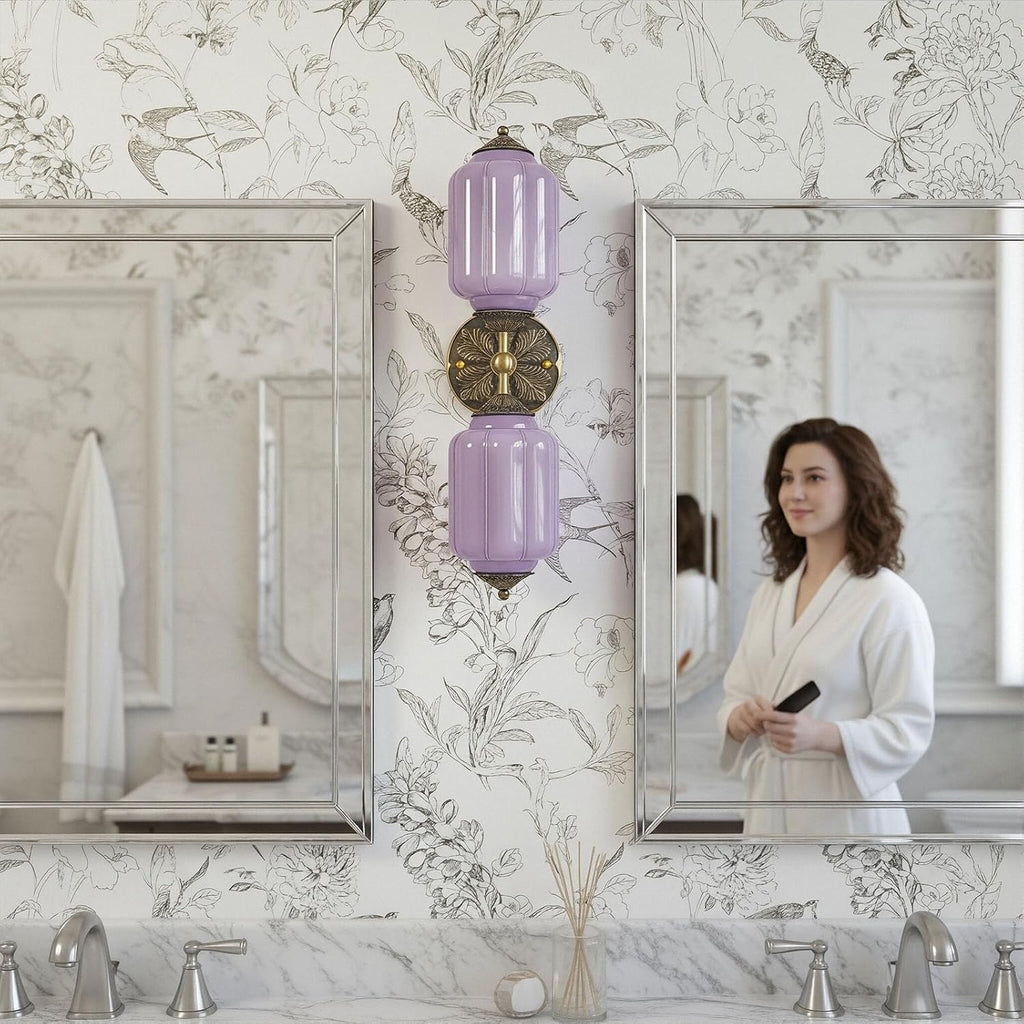Vintage Milk Glass Sconce - 2-Light Wall Sconce with Brass Finish Base & Green Glass Shade - Wall Sconce Lighting for Mirror, Kitchen, Living Room, Gallery (Bulbs Included) (Purple)
