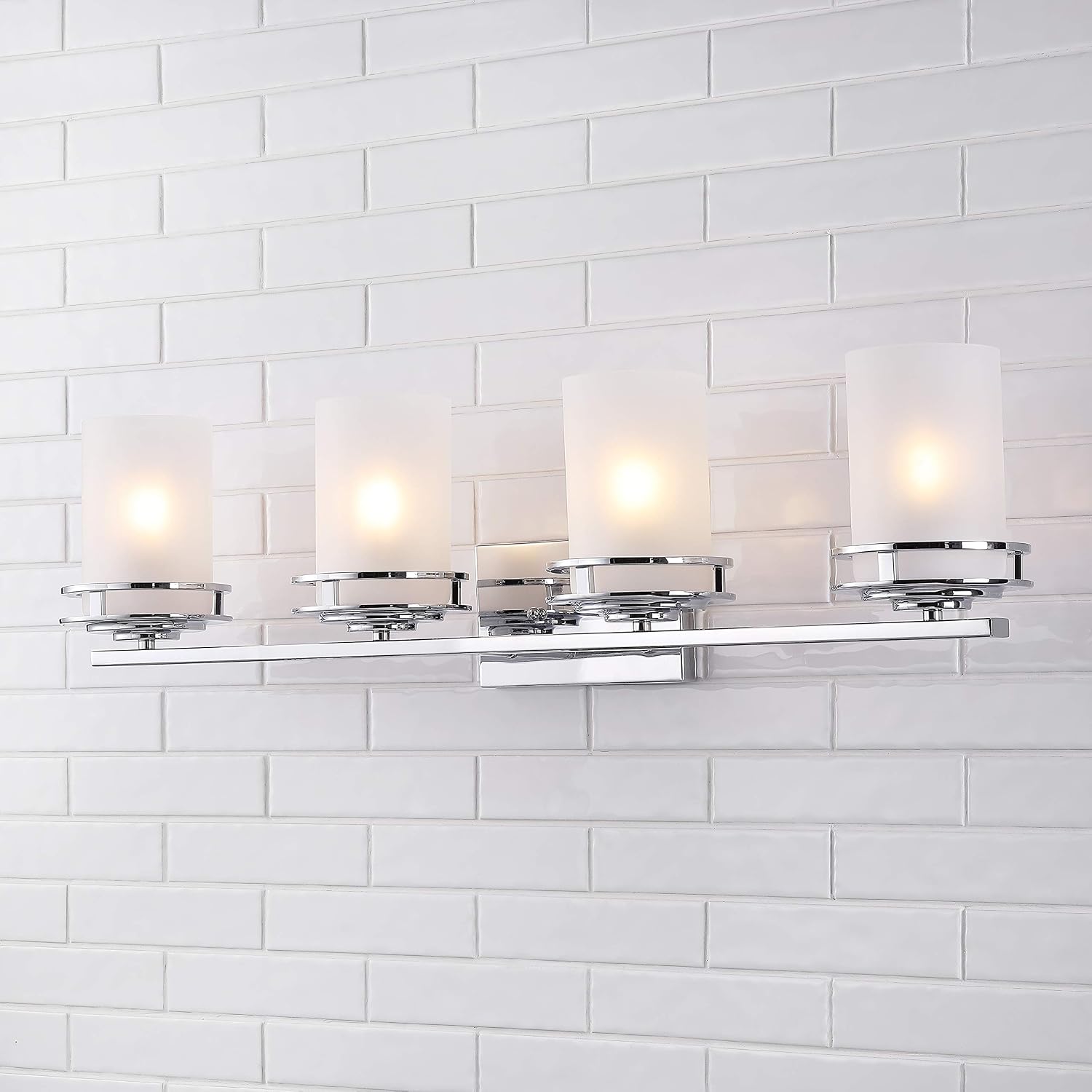 JONATHAN Y 32' Chrome Modern LED Vanity Light, 4-Light Art Deco Wall Sconce Fixture for Bathroom Mirror, with Frosted White Glass Shade, Dimmable, LED Bulb Included (JYL7487A)