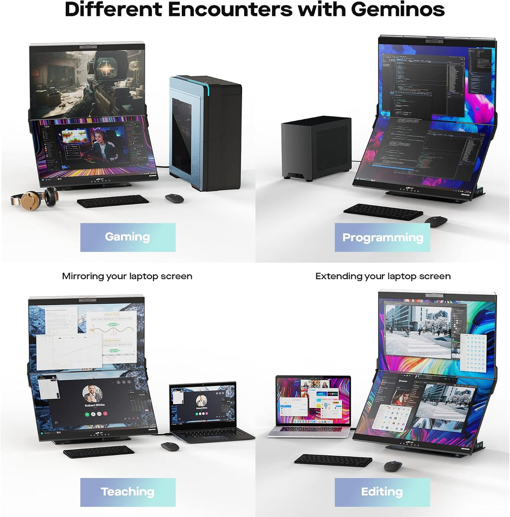 Mobile Pixels Geminos Dual 24' Stacked Computer Monitors with 1080P Webcam&Speakers, 65W USB-C Charging, All-Inclusive Vertical Desktop Monitor, HDMI/USB-A/USB-C, Infinitely Adjustable (2 Monitors)