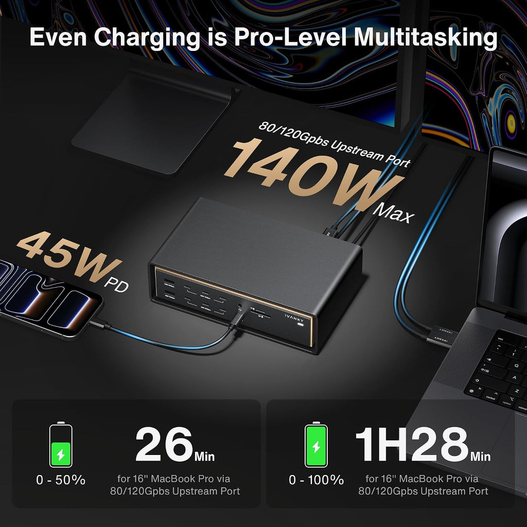 iVANKY 26-in-1 FusionDock Ultra Compatible with Thunderbolt 5, 10GbE MacBook Docking Station, Quad 6K/Triple 8K Display Dock for Mac M1-M5 Pro/Max, 120Gbps, 240W (Incompatible with Windows)