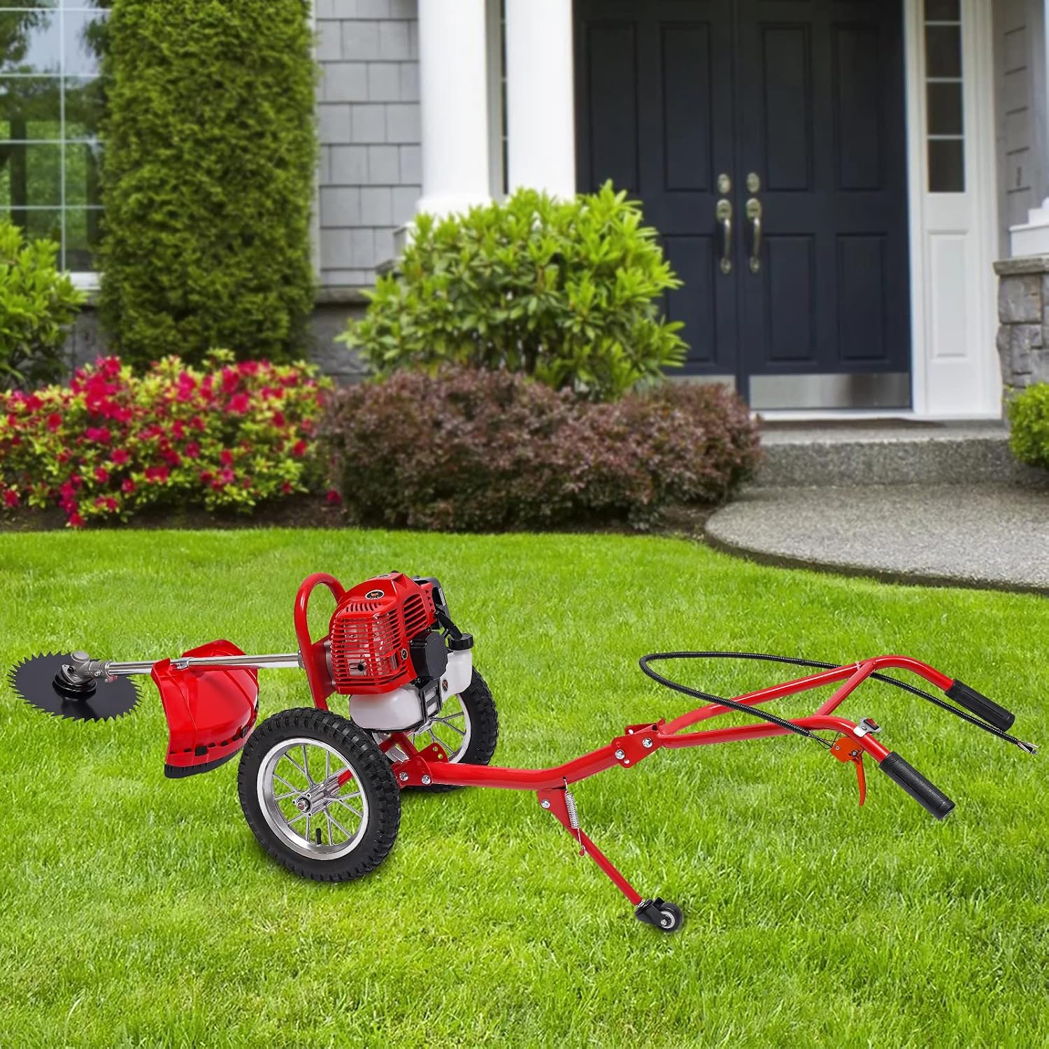 49CC 2-Stroke Gas Lawn Mower, Multi-Functional Gas Mower Grass, 1.8KW Hand Push String Trimmer, Red