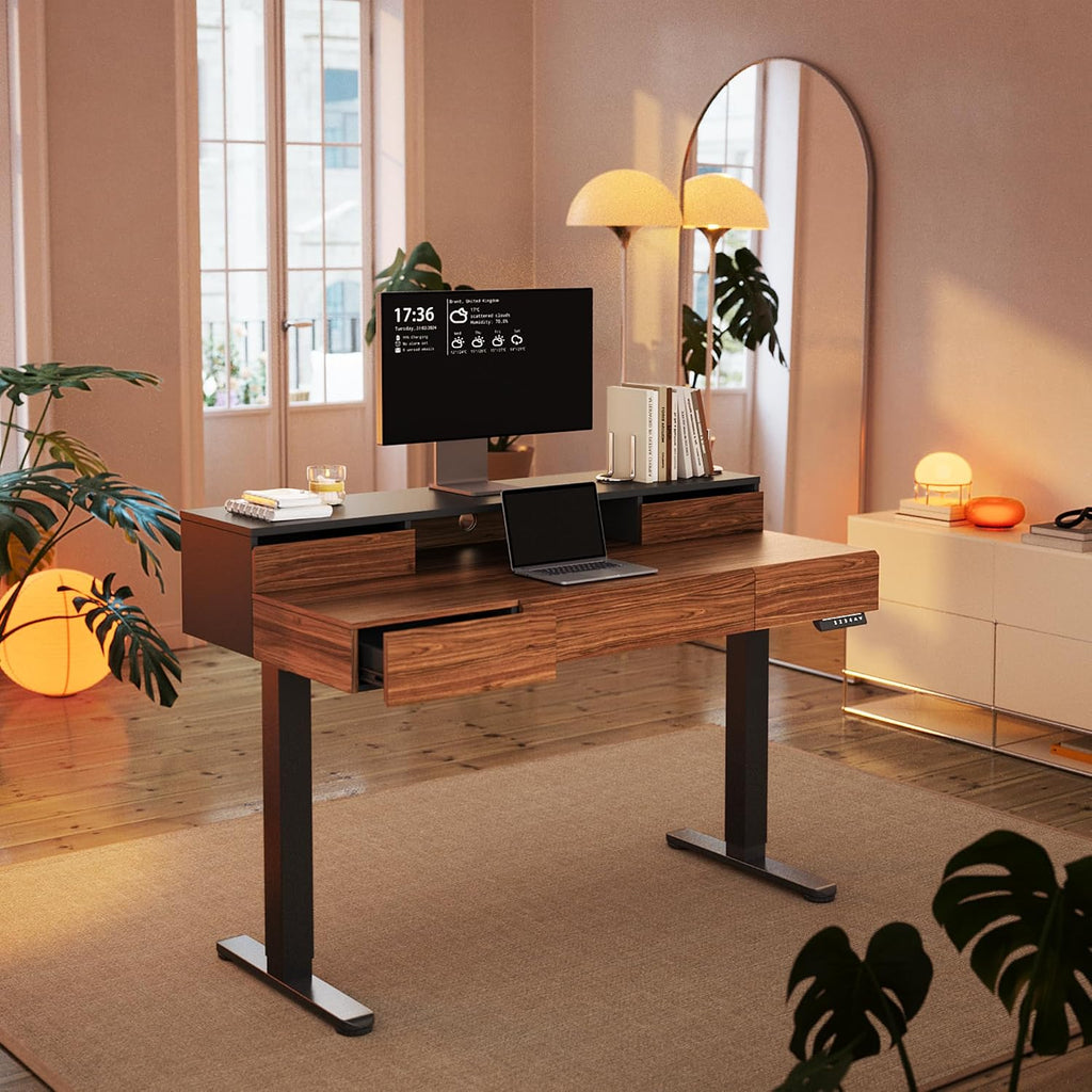 HUANUO Standing Desk with Drawers, 48 Inches Electric Height Adjustable Desk with Storage, Whole-Piece Board Sit Stand Up Desk with Monitor Shelf, Black Walnut