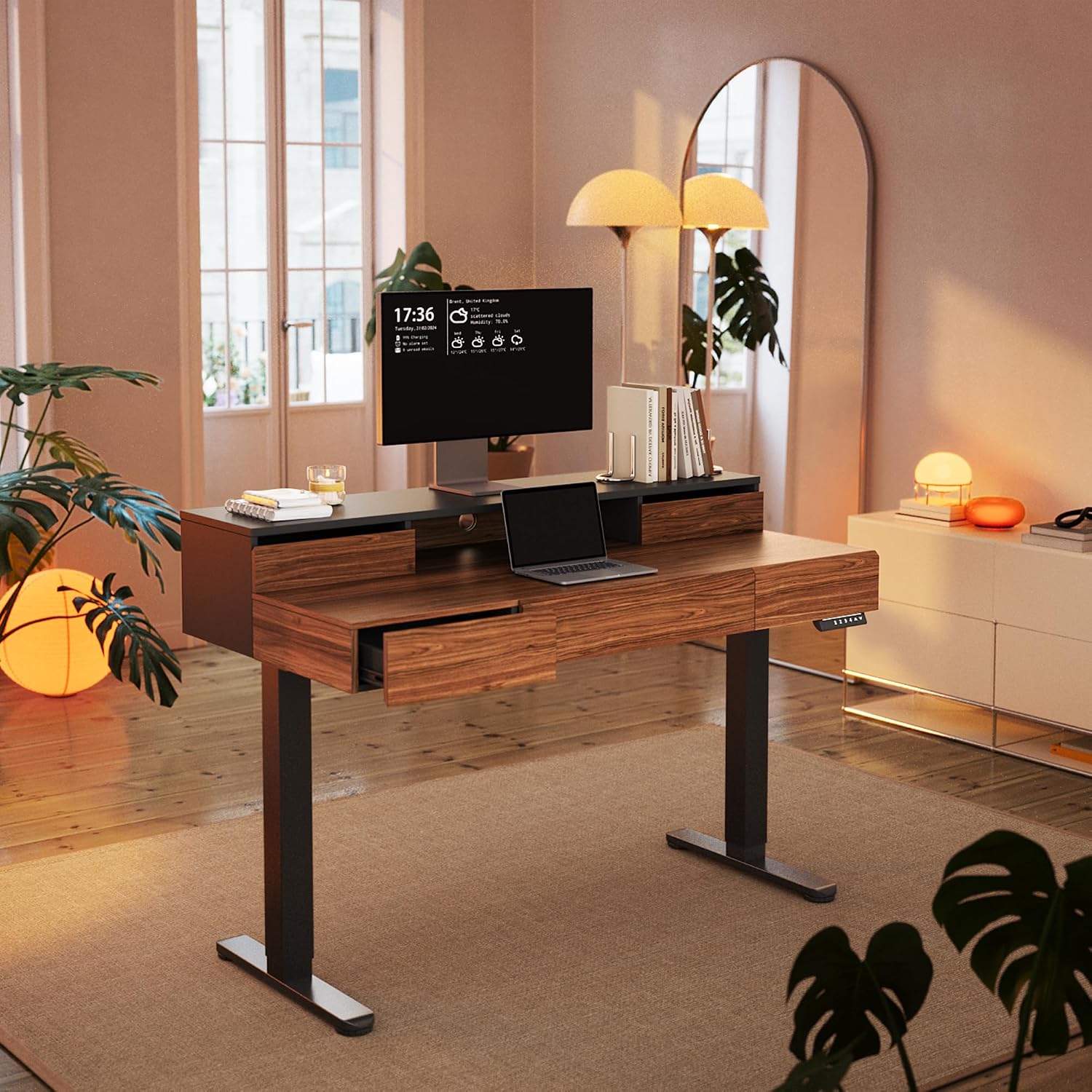 HUANUO Standing Desk with Drawers, 48 Inches Electric Height Adjustable Desk with Storage, Whole-Piece Board Sit Stand Up Desk with Monitor Shelf, Black Walnut