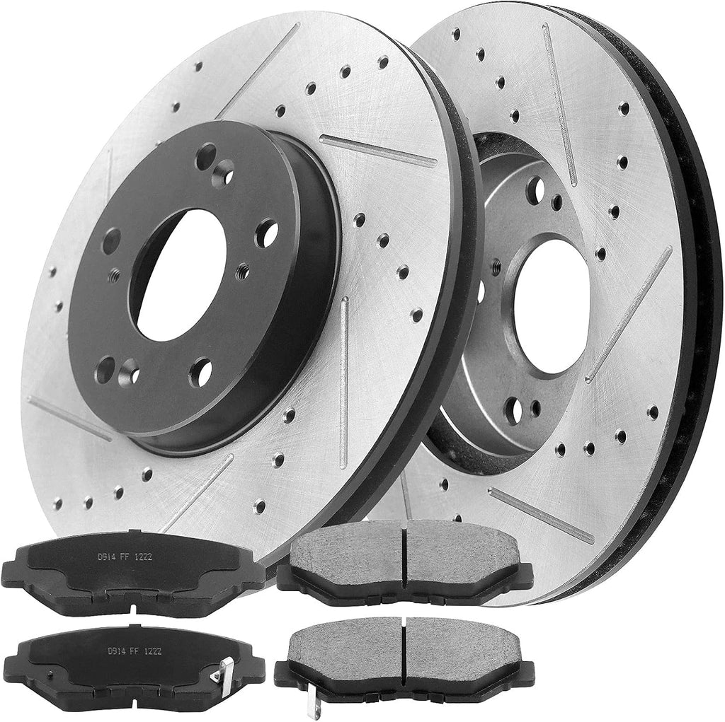 MotorbyMotor 282mm Front Brake Kit Rotors and Brake Pads Replacement for Honda Accord Civic CR-V Element, Acura ILX Drilled & Slotted Disc Brake Rotor & Ceramic Pads 31257, 12040036