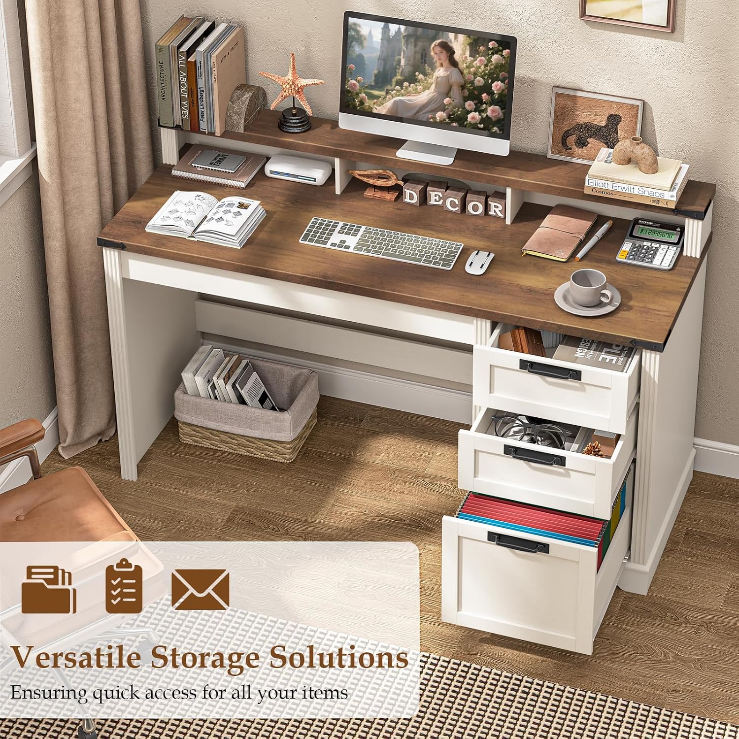 Vabches 55' Farmhouse Executive Desk with 3 Drawers, Wooden Computer Desk Home Office Desk with File Drawer (Fits A4 Size) for Work and Study, White Brown