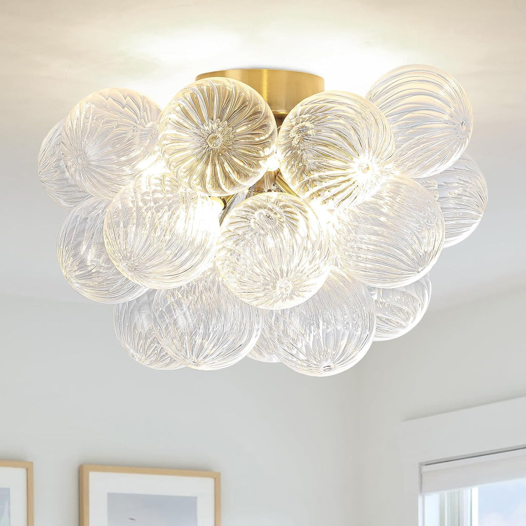8-Light Flush Mount Ceiling Light, 16' Glass Bubble Ball Chandelier with 21 Clear Balls, Modern Globe Dining Room Light Fixture for Bedroom, Living Room, Hallway, Entry, Bathroom