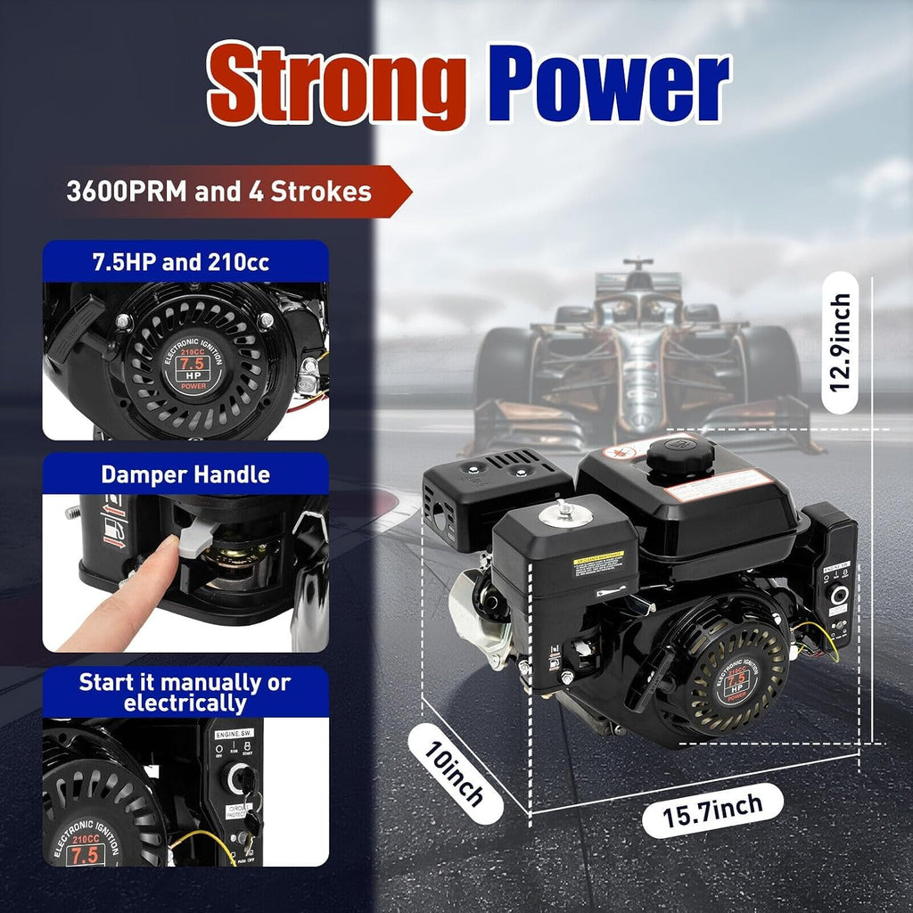 7.5HP 4 Stroke Gas Engine 210CC Electric Start Horizontal Engine OHV Gasoline Engine Upgrade Version for Go Kart Pressure Washers Log Splitters