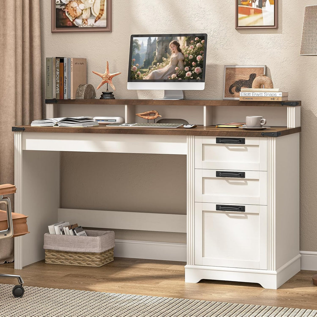 Vabches 55' Farmhouse Executive Desk with 3 Drawers, Wooden Computer Desk Home Office Desk with File Drawer (Fits A4 Size) for Work and Study, White Brown