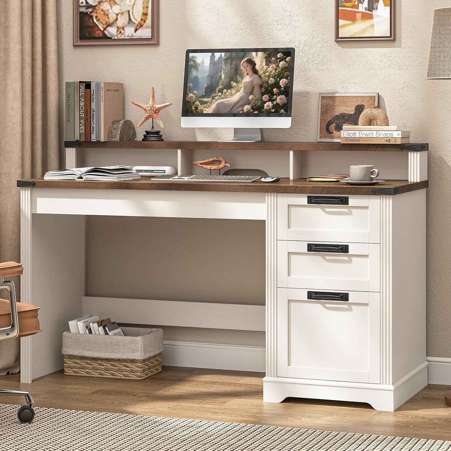 Vabches 55' Farmhouse Executive Desk with 3 Drawers, Wooden Computer Desk Home Office Desk with File Drawer (Fits A4 Size) for Work and Study, White Brown