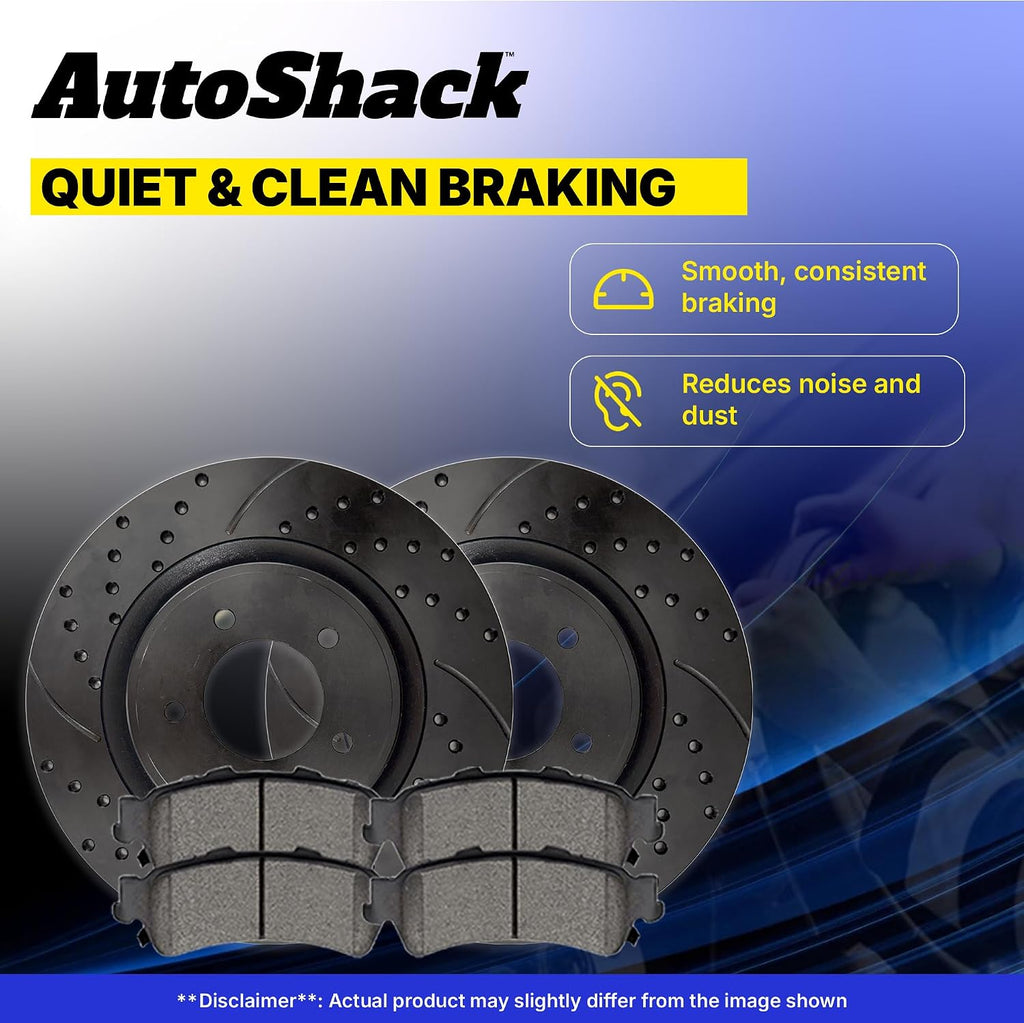 AutoShack Front & Rear Brake Rotors & Ceramic Pads for Toyota & Lexus, RAV4 2006-2008 HS250h 2010-2012, FWD 4WD L4 2.4L - E-Coated Drilled & Slotted - Black Finish - NightGuard