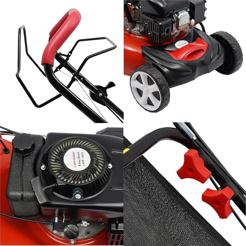 140CC 4 Stroke Walk-Behind Lawn Mower Gas Powered Push Lawn Mower with Wheels and Grass Collecting Bag Grass Trimmer for Yards Gardens Lawns, 8 Adjustable Height, 20-in Cutting Width,5HP