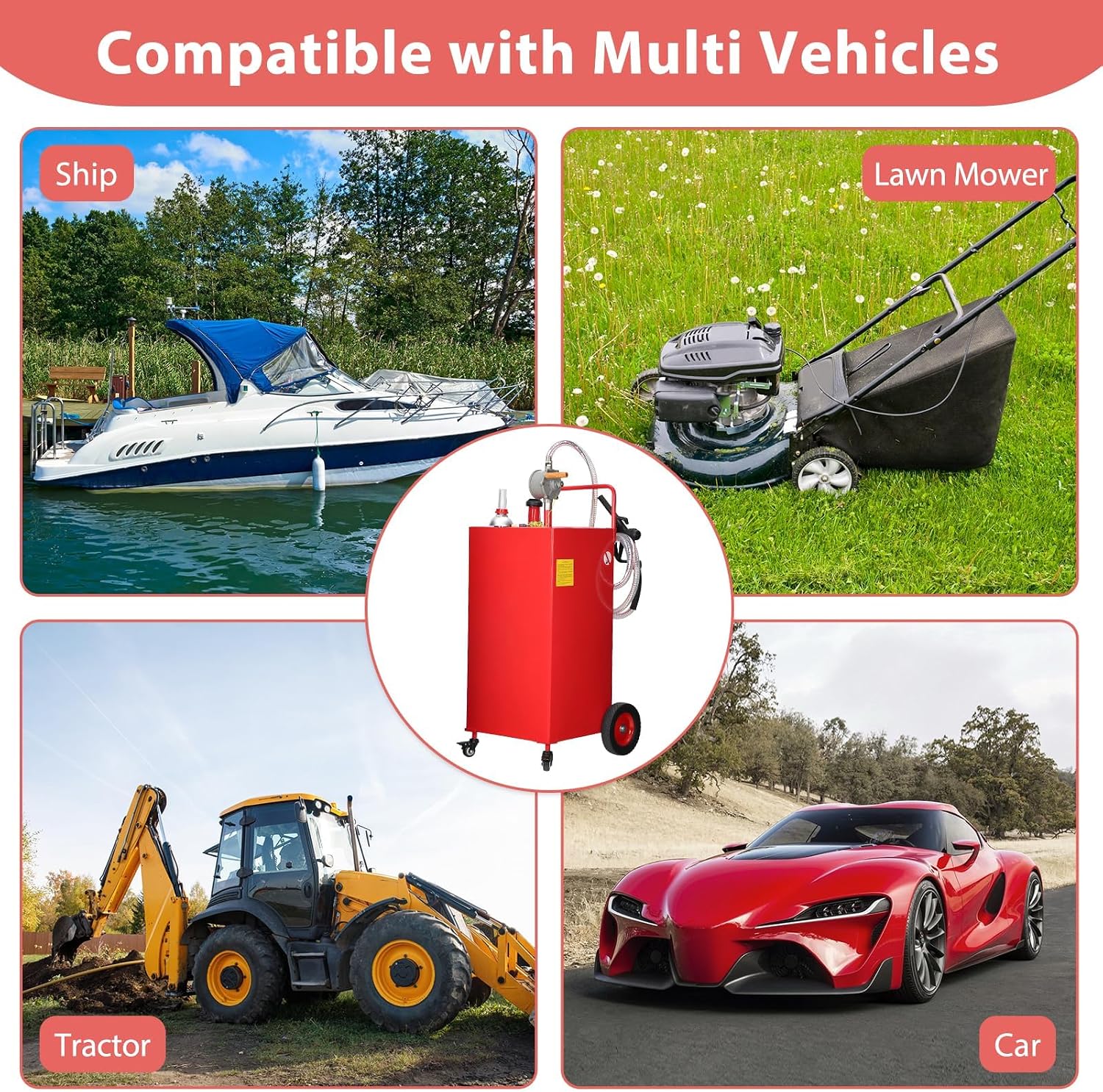 Portable Fuel Caddy with Manual Pump – 30 Gallon Gasoline & Diesel Transfer Tank, Mobile Fuel Storage for Lawn Mowers, Trucks, Boats, Farm Use