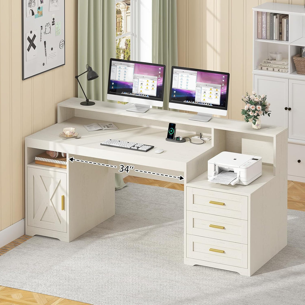 TVU Farmhouse Computer Desk with Drawers, 65'' Home Office Desk with Power Outlets, Storage Cabinet and Printer Stand, Study Writing Desks with Long Monitor Stand, White