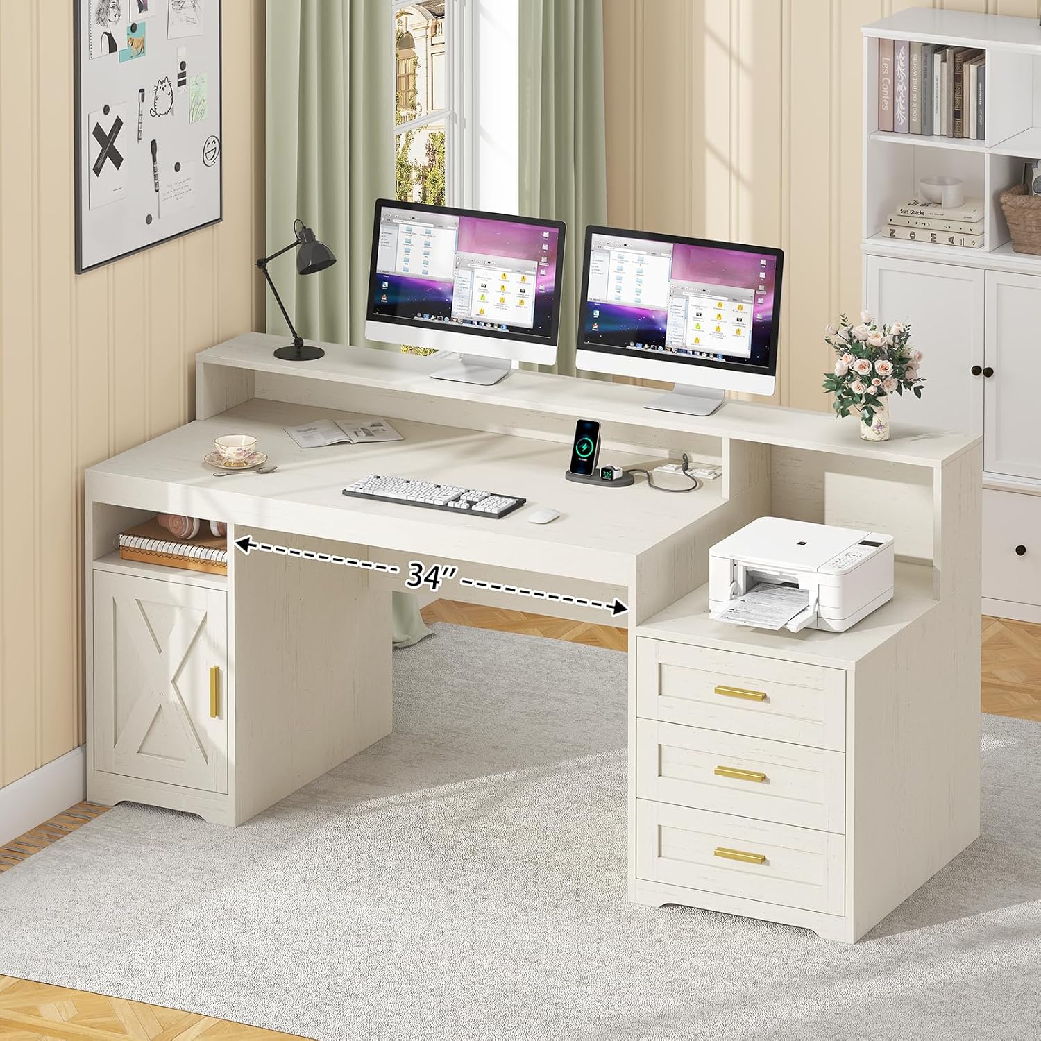 TVU Farmhouse Computer Desk with Drawers, 65'' Home Office Desk with Power Outlets, Storage Cabinet and Printer Stand, Study Writing Desks with Long Monitor Stand, White
