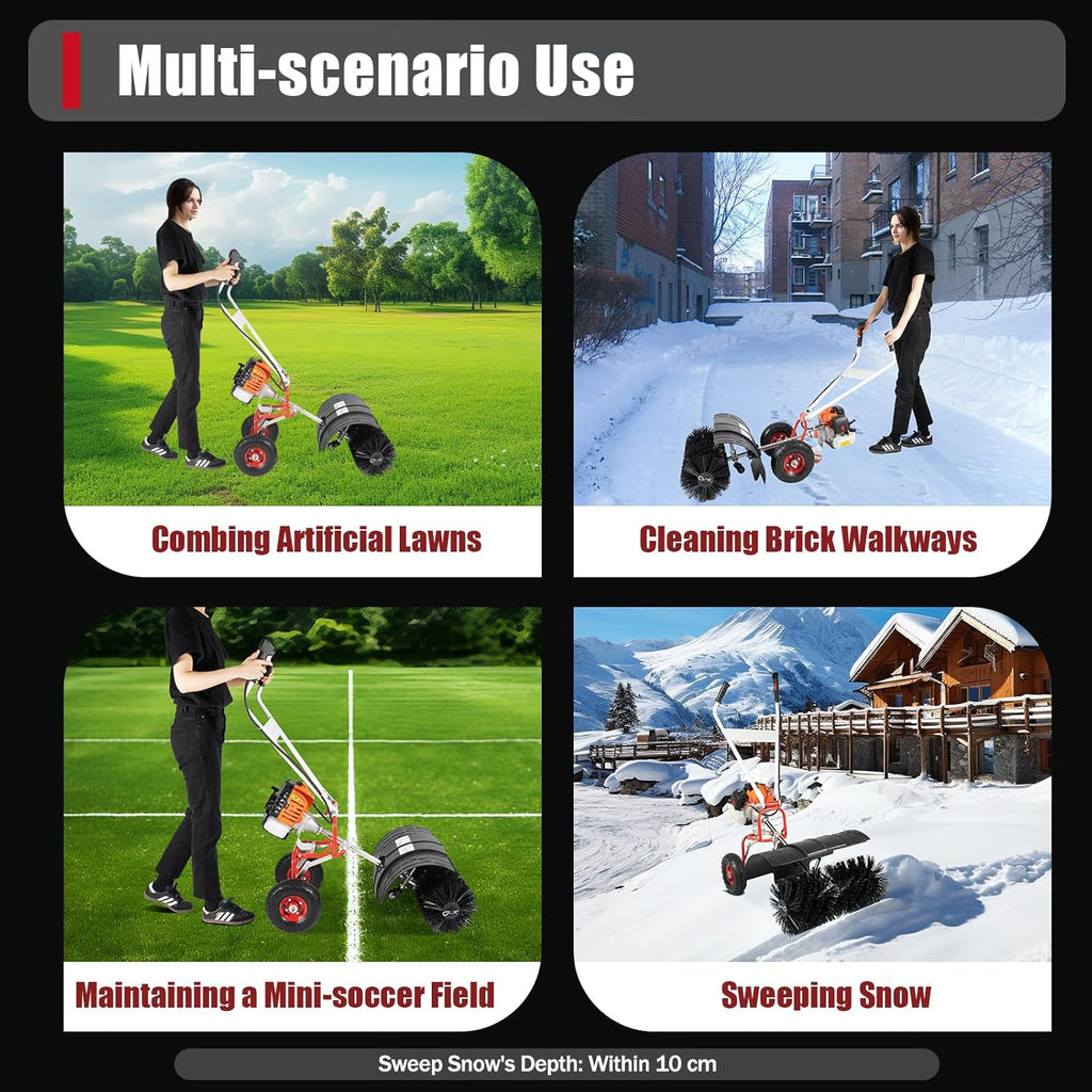52cc Gas Power Handheld Snow Broom Brush Cleaner, 2.5 HP w/Auxiliary Wheels, Outdoor Hand Held Push Broom Driveway Sweeper for Concrete Driveway Cleaning Lawn Snow