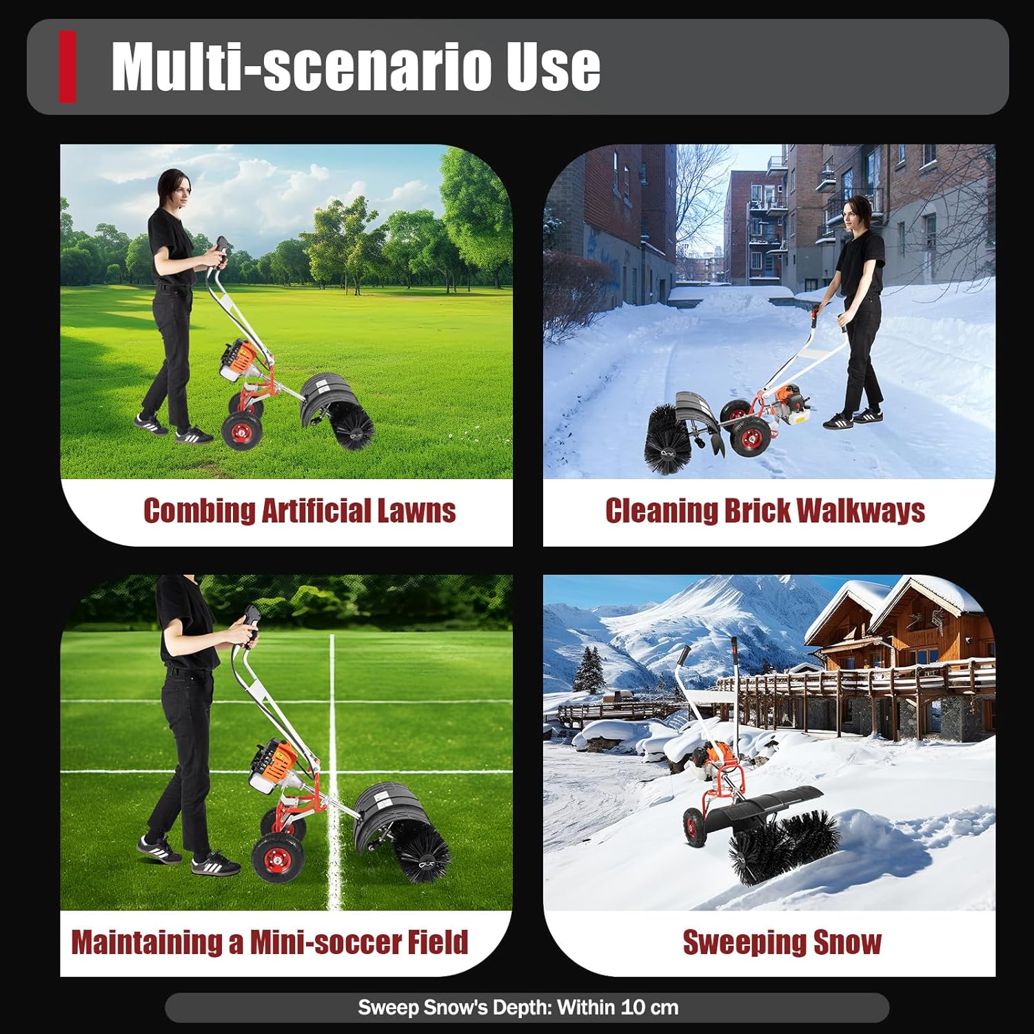 52cc Gas Power Handheld Snow Broom Brush Cleaner, 2.5 HP w/Auxiliary Wheels, Outdoor Hand Held Push Broom Driveway Sweeper for Concrete Driveway Cleaning Lawn Snow