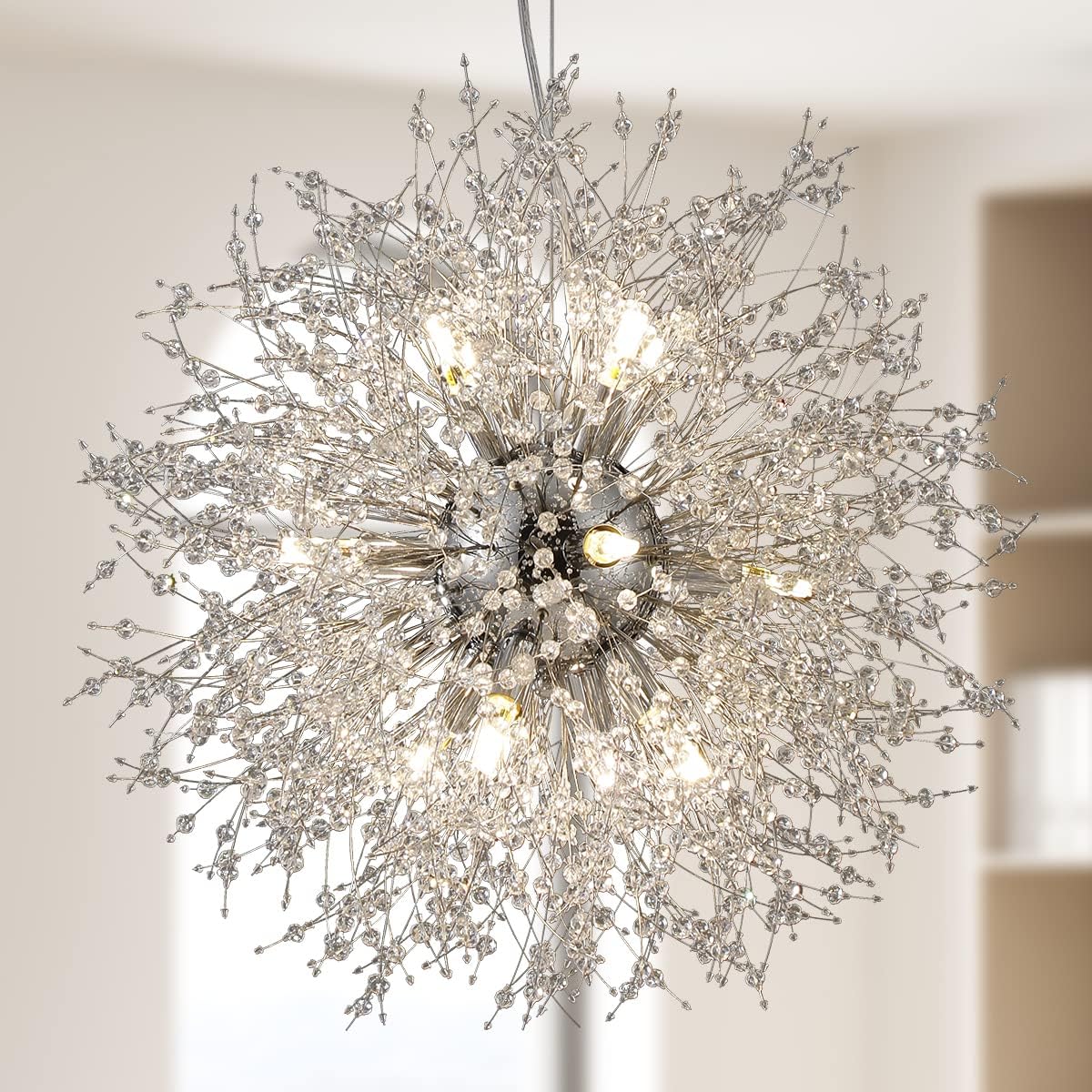 Modern Crystal Chandeliers Firework, 12-Light Chrome Stainless Steel Sputnik Chandelier, 21.6' Dandelion Pendant Ceiling Light Fixture for Bedroom Dining Room