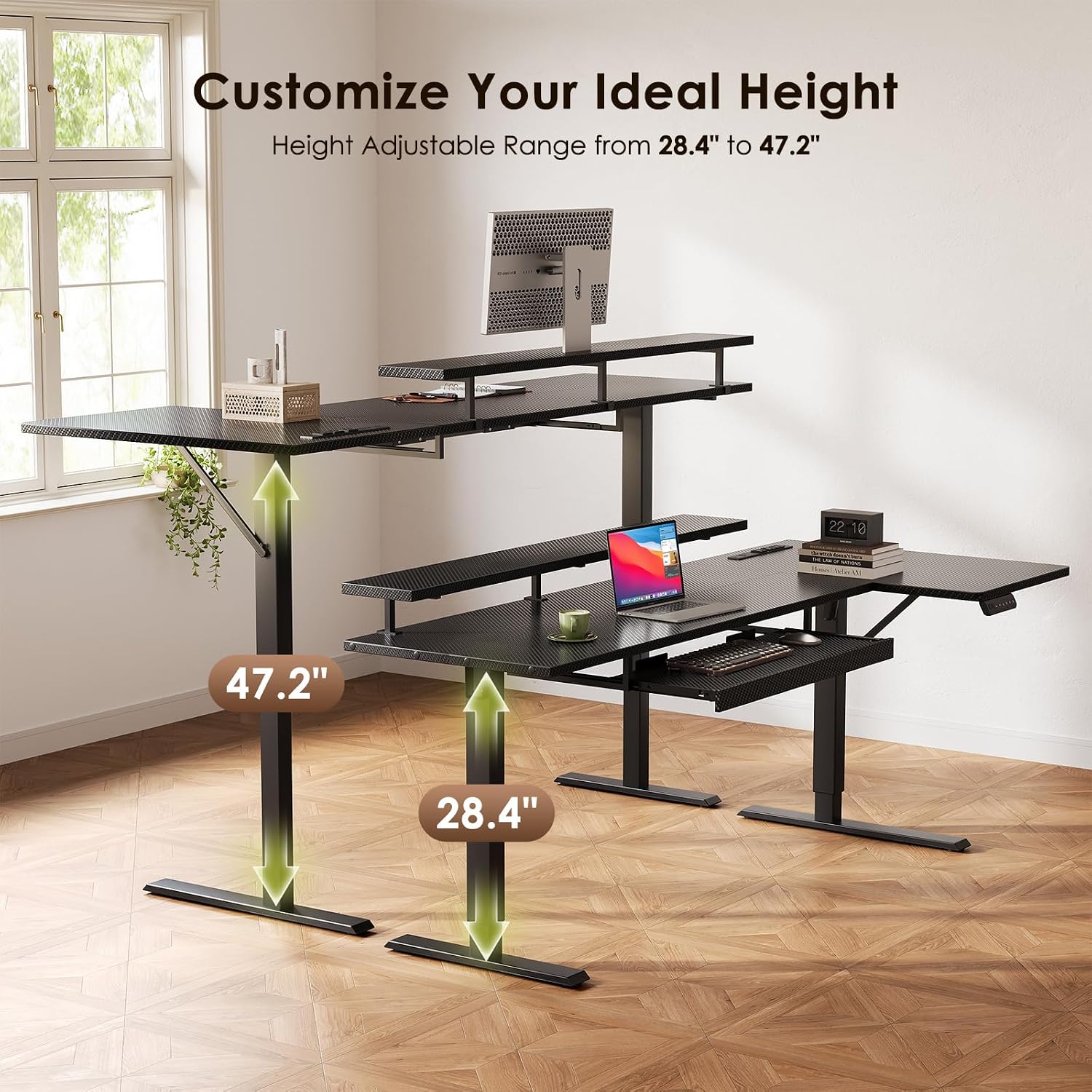 OffiGo 63 Inch L Shaped Electric Standing Desk with Keyboard Tray, Reversible Height Adjustable Corner Computer Desk with Monitor Stand, Sit Stand Up Lift Table for Home, Office, Carbon Fiber Black
