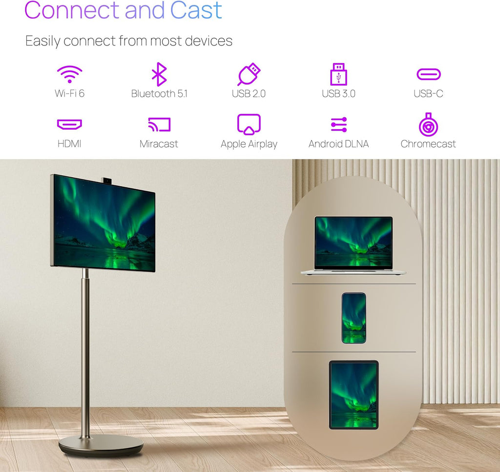 OneScreen Wandr 32' Portable Smart TV Monitor with 4K LED Touchscreen Display, Android 13 OS, Built-in 9500 mAh Battery, 360 Degree Rotation, Wireless Sharing, Champagne