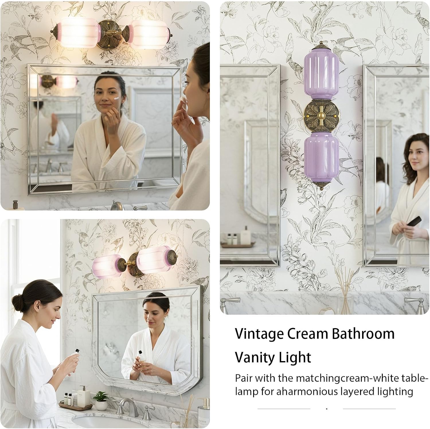 Vintage Milk Glass Sconce - 2-Light Wall Sconce with Brass Finish Base & Green Glass Shade - Wall Sconce Lighting for Mirror, Kitchen, Living Room, Gallery (Bulbs Included) (Purple)