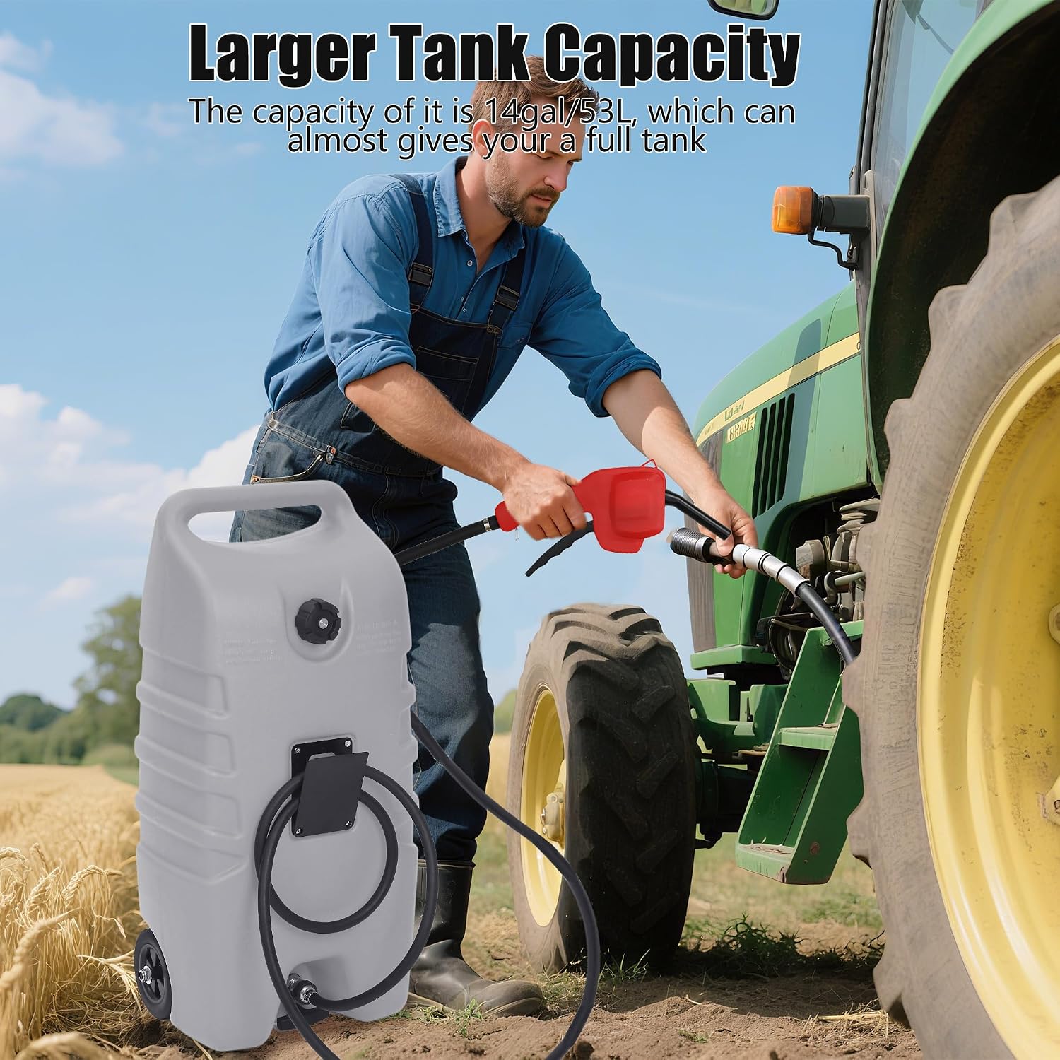 14 Gallon Portable Fuel Tank with Wheels, Red Gas Caddy with Manual Siphon Pump & 10FT Hose, T-Handle for Easy Carry, Included for Cars, ATVs, Boats, Generators - Gray