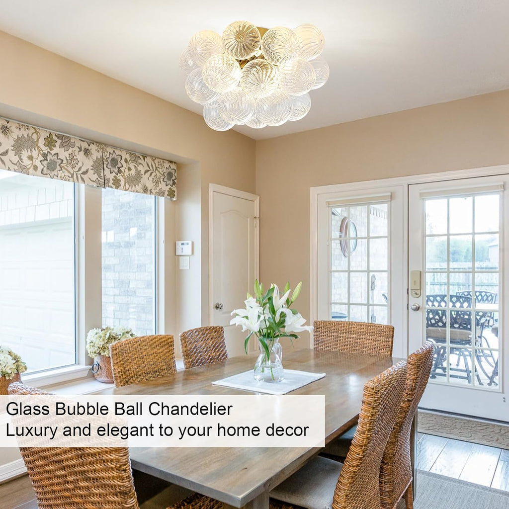 8-Light Flush Mount Ceiling Light, 16' Glass Bubble Ball Chandelier with 21 Clear Balls, Modern Globe Dining Room Light Fixture for Bedroom, Living Room, Hallway, Entry, Bathroom