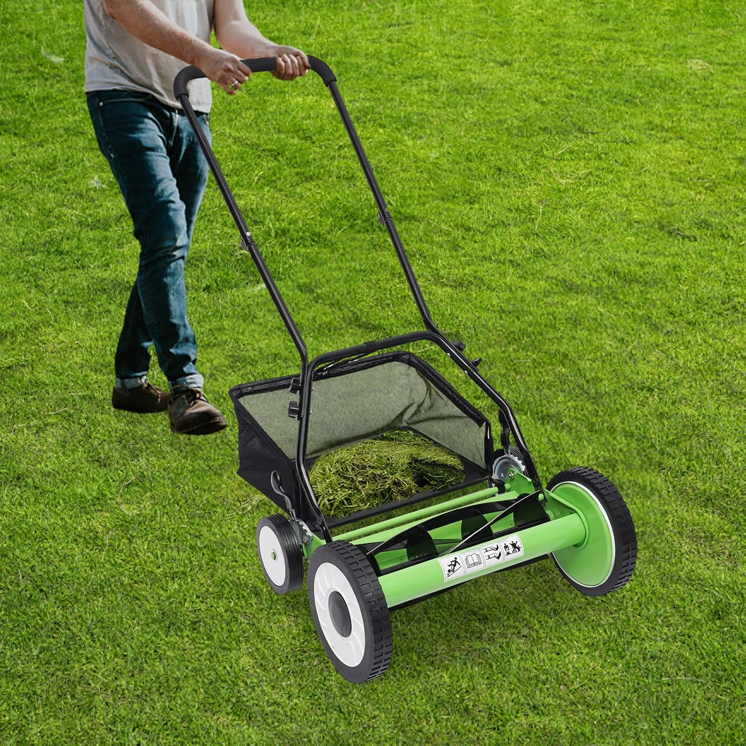 16 Inch 5-Blade Push Reel Lawn Mower with Grass Catcher Manual Push Mower with Adjustable Cutting Height 2.5 Inch Max, 4 Wheels Reel Mower for Small Yards Lawn Area (16 Inch)