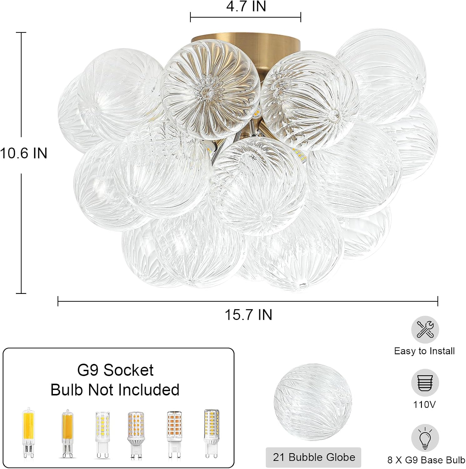 8-Light Flush Mount Ceiling Light, 16' Glass Bubble Ball Chandelier with 21 Clear Balls, Modern Globe Dining Room Light Fixture for Bedroom, Living Room, Hallway, Entry, Bathroom