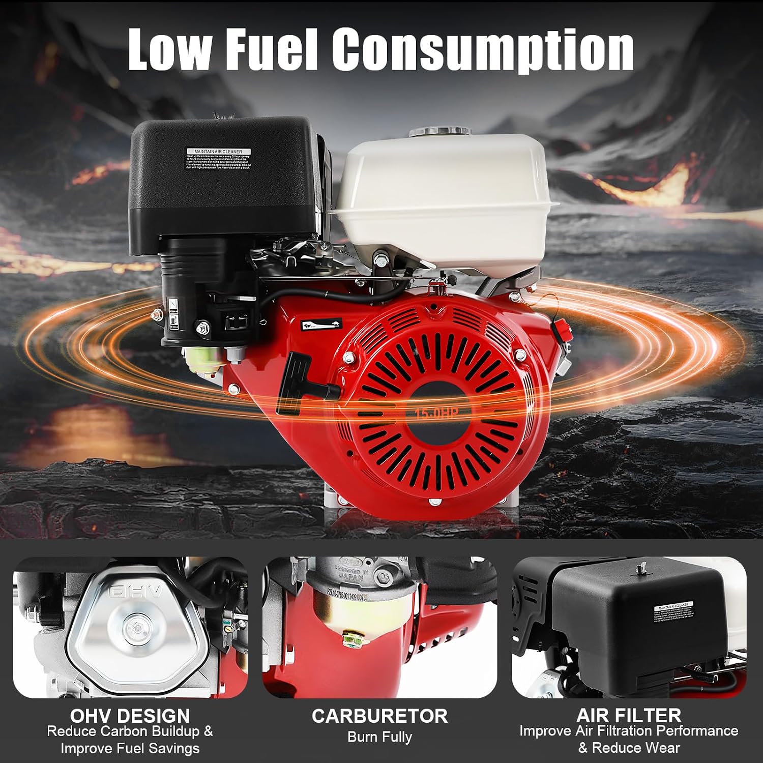 420CC Gasoline Powered Go Kart Motor, 15HP 4-Stroke Gas Engine OHV Horizontal Go Kart Motor 3000-3600RPM Mini Bike Engine with Recoil Start and Air Cooling for Water Pumps Vibrators Generators