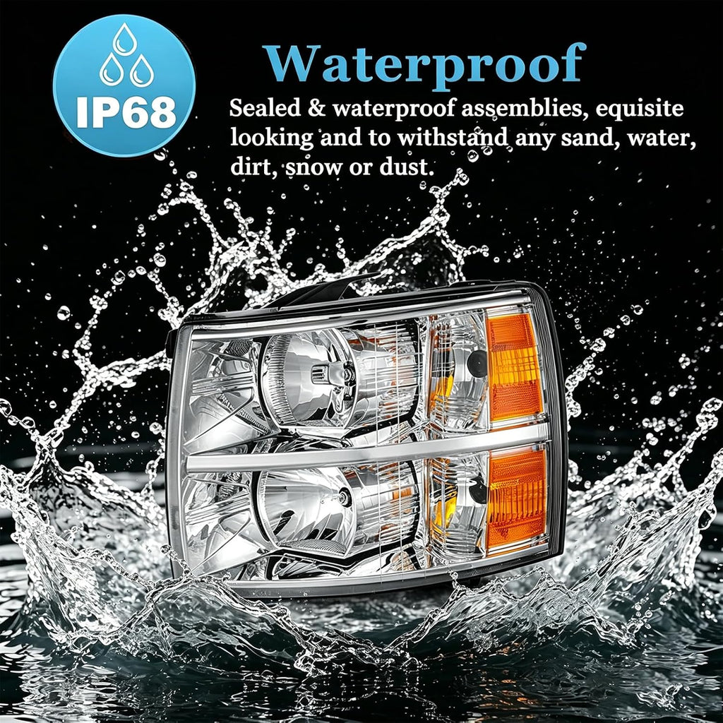 APSVE for 2007-2013 Chevy Silverado 1500 Headlights Assembly w/Bulb & Wiring Harness 07-14 Silverado 2500HD 3500HD Headlamp, Chrome/Amber