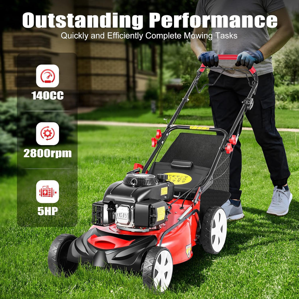 140cc Gas Powered Lawn Mower, Self-Propelled 3-in-1 with Bag, 20-Inch Cutting Deck, 4-Stroke Engine, 8 Adjustable Heights, Walk-Behind Lawn Mower or Medium to Large Yards