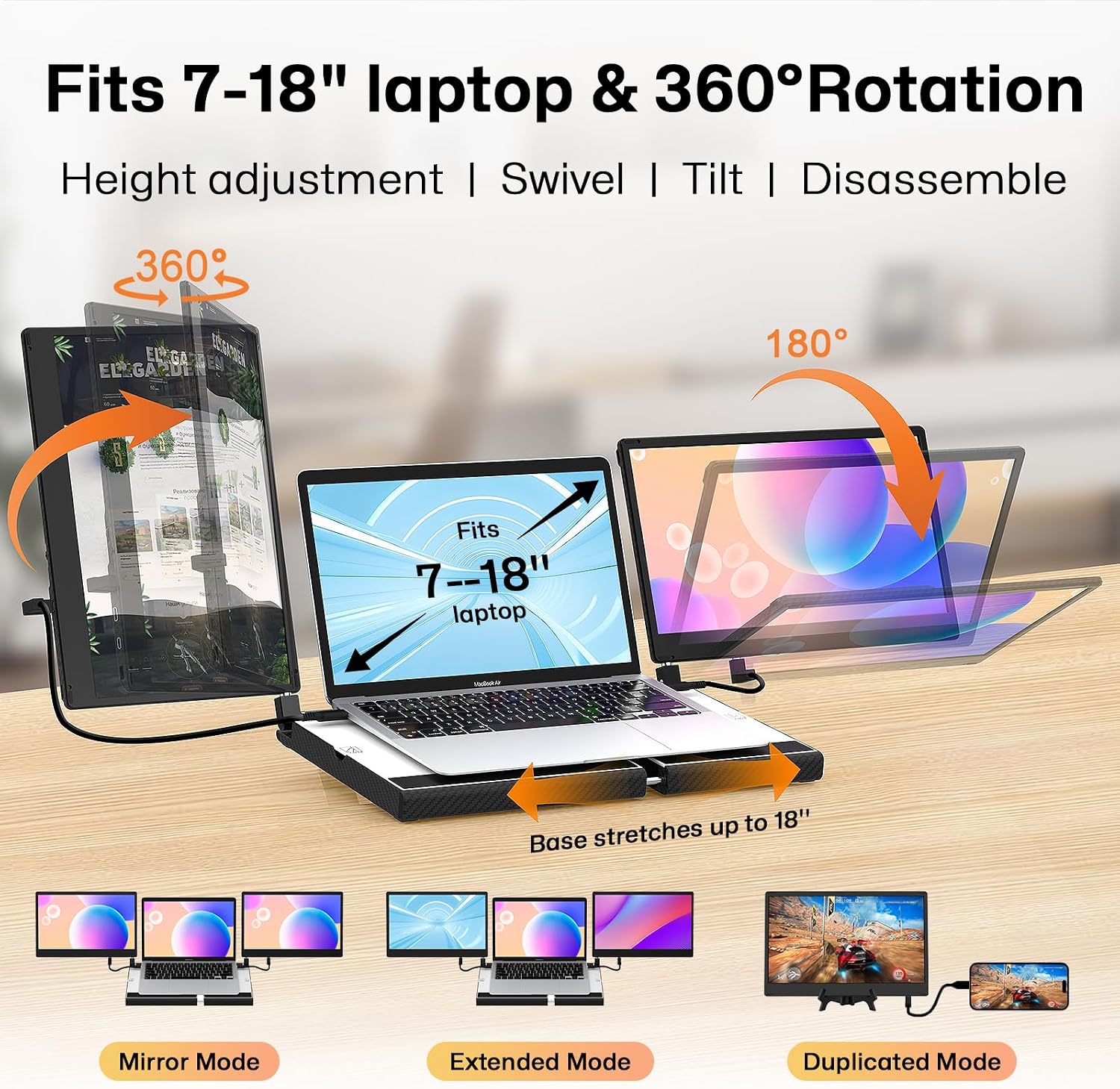 14' Laptop Screen Extender Smart Base - Upgraded Triple Portable Monitor FHD 1080P -300% More Efficient, 360° Rotation/Detachable Dual Display, Plug-Play USB C/HDMI,Laptop Monitor Extender for Win/Mac
