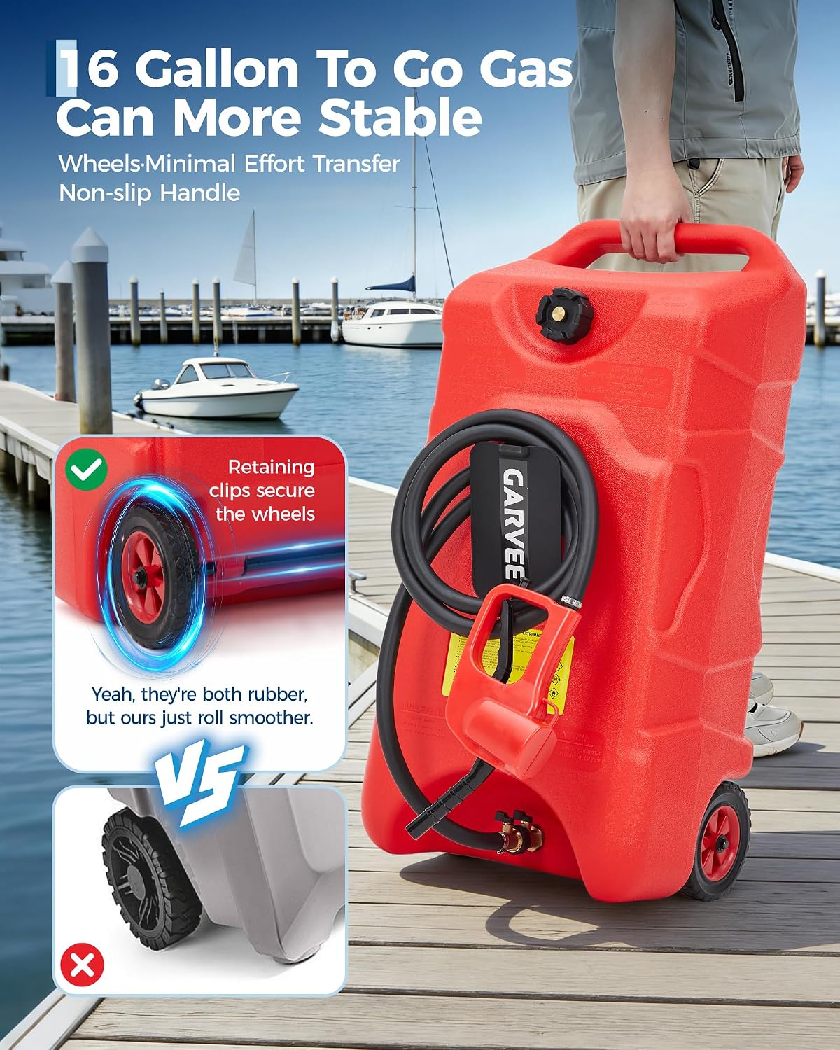 16 Gallon Fuel Caddy, Portable Gas Tank With Pump, Fuel Transfer Tank, Portable Gasoline Tank On Wheels With Le Fluid Transfer Siphon Pump and 10-Inch Hose for Cars, Boats, Lawnmowers, ATVs