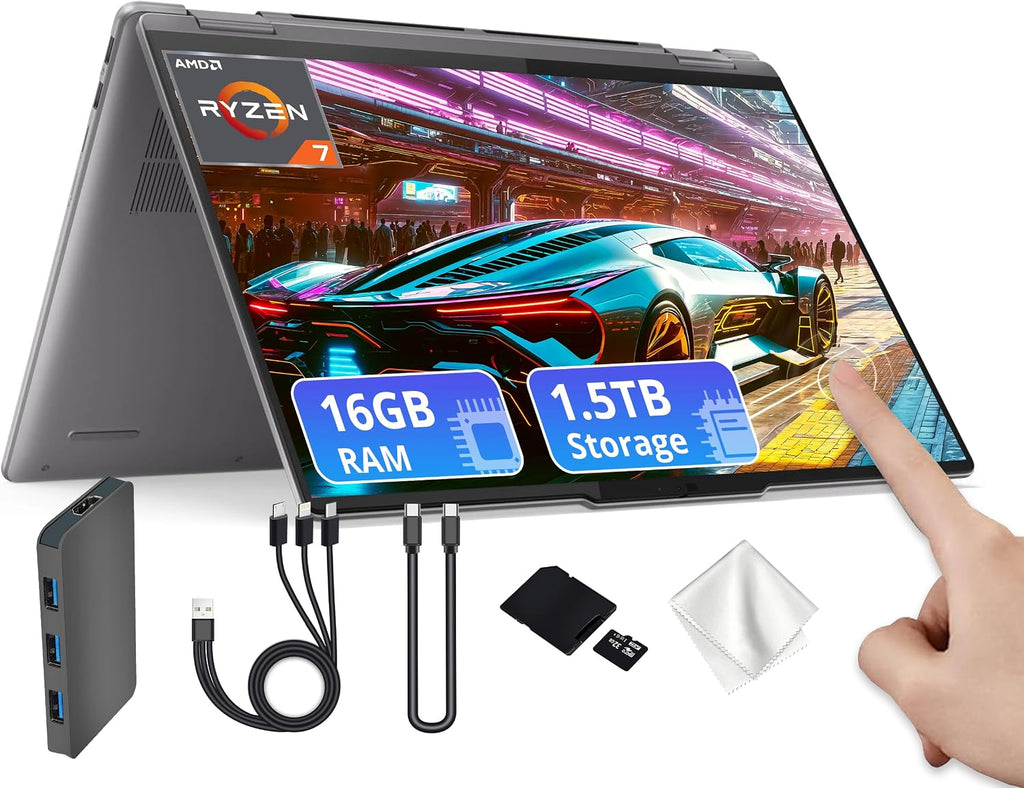Lenovo Yoga 7 2-in-1 16' WUXGA Touchscreen Laptop, AMD Ryzen 7 8840HS, 16GB LPDDR5X, 1.5TB Storage (512GB PCIe SSD&1TB Docking), Backlit Keyboard, Fingerprint, Copilot, Wi-Fi 6E, Win 11, Gray