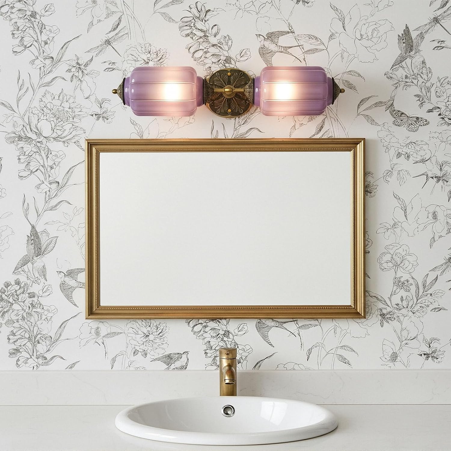 Vintage Milk Glass Sconce - 2-Light Wall Sconce with Brass Finish Base & Green Glass Shade - Wall Sconce Lighting for Mirror, Kitchen, Living Room, Gallery (Bulbs Included) (Purple)