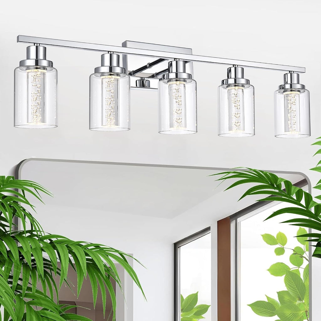 MELUCEE 5 Color Dimmable Bathroom Vanity Light Fixtures 5-Light Bath Wall Lights Modern LED Vanity Lights for Bathroom Chrome with Crystal Bubble Clear Glass Shade, Built-in LED Chips