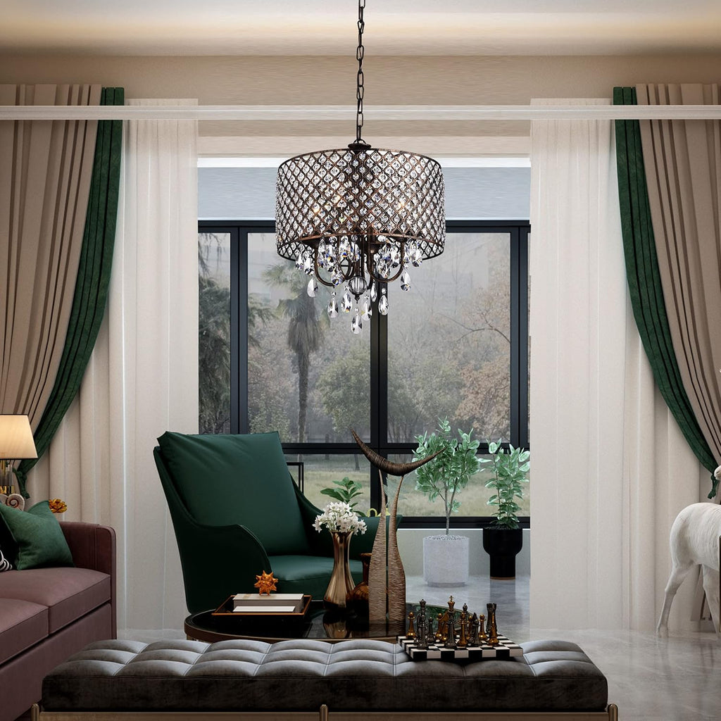 Edvivi Marya Drum Crystal Chandelier, 4 Lights Glam Lighting Fixture, Antique Copper Finish, Adjustable Ceiling Light with Round Crystal Drum Shade for Living Room, Bedroom, Kitchen