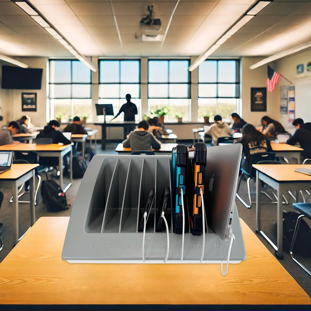 8-Device Laptop & Tablet Charging Station for Classroom, Office & Library – Chromebook & iPad Charging Organizer with Surge Protection, Cable Management & Numbered Slots, Fits Devices Up to 15.6'