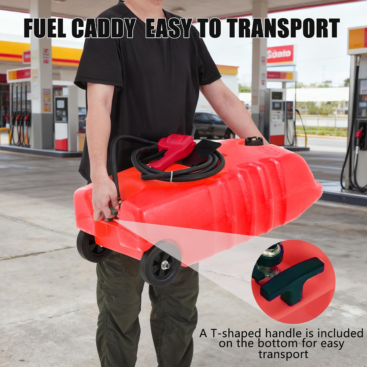 Garvee 14 gal Portable Fuel Tank, Red Fuel Storage Container with Manual Siphon Pump & 10 ft Hose, Gasoline Diesel Caddy with Wheels, Fuel Transfer Tank for Car, ATV, Boat, Lawn Mower, Generator