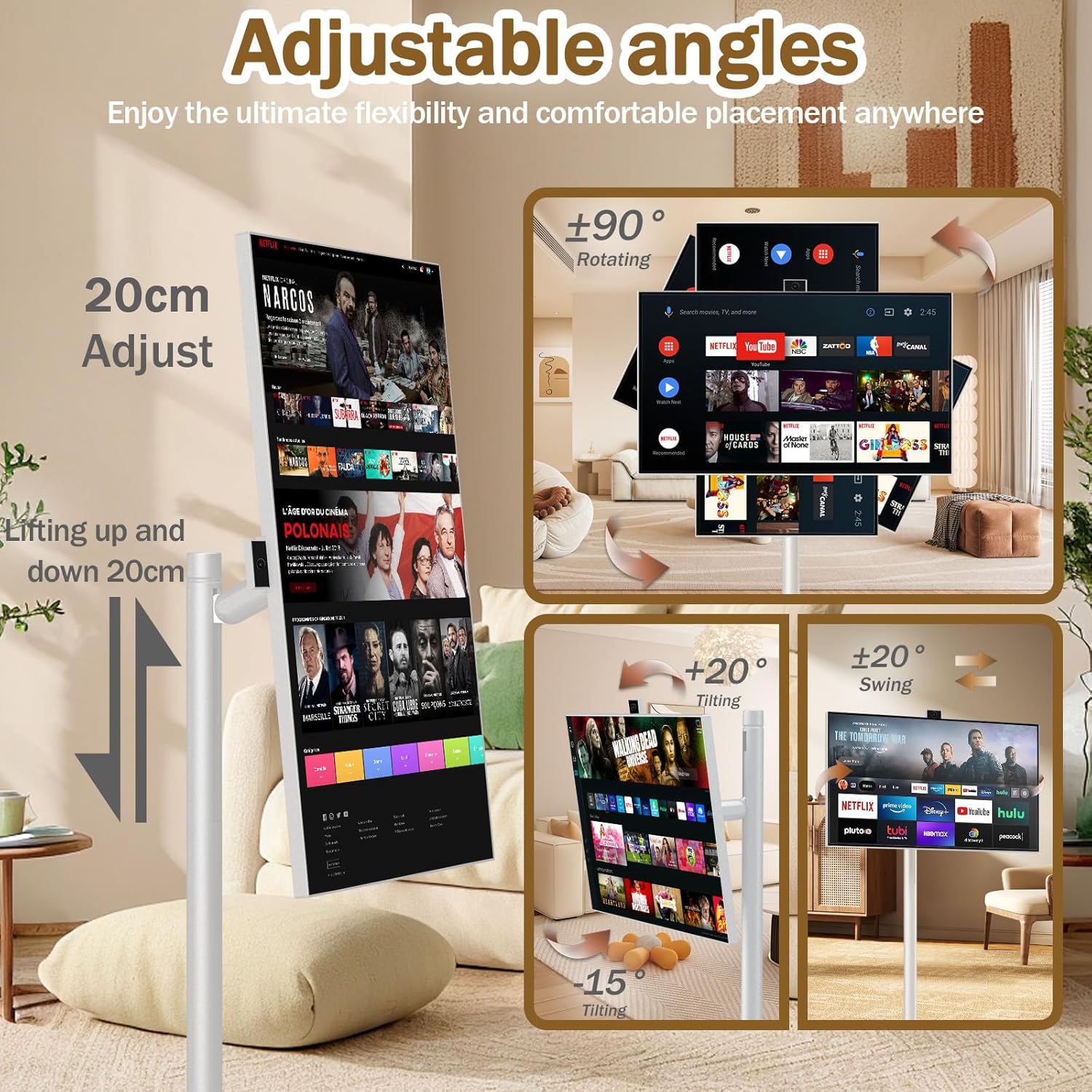 27' FHD Smart Portable TV, Rolling TV on Wheels, Android 15 OS, 6G +128GB Storage, Portable Touch Screen Monitor, 13MP Camera, Built-in Battery, 60Hz Refresh Rate, Full Swivel Rotation, Voice Remote