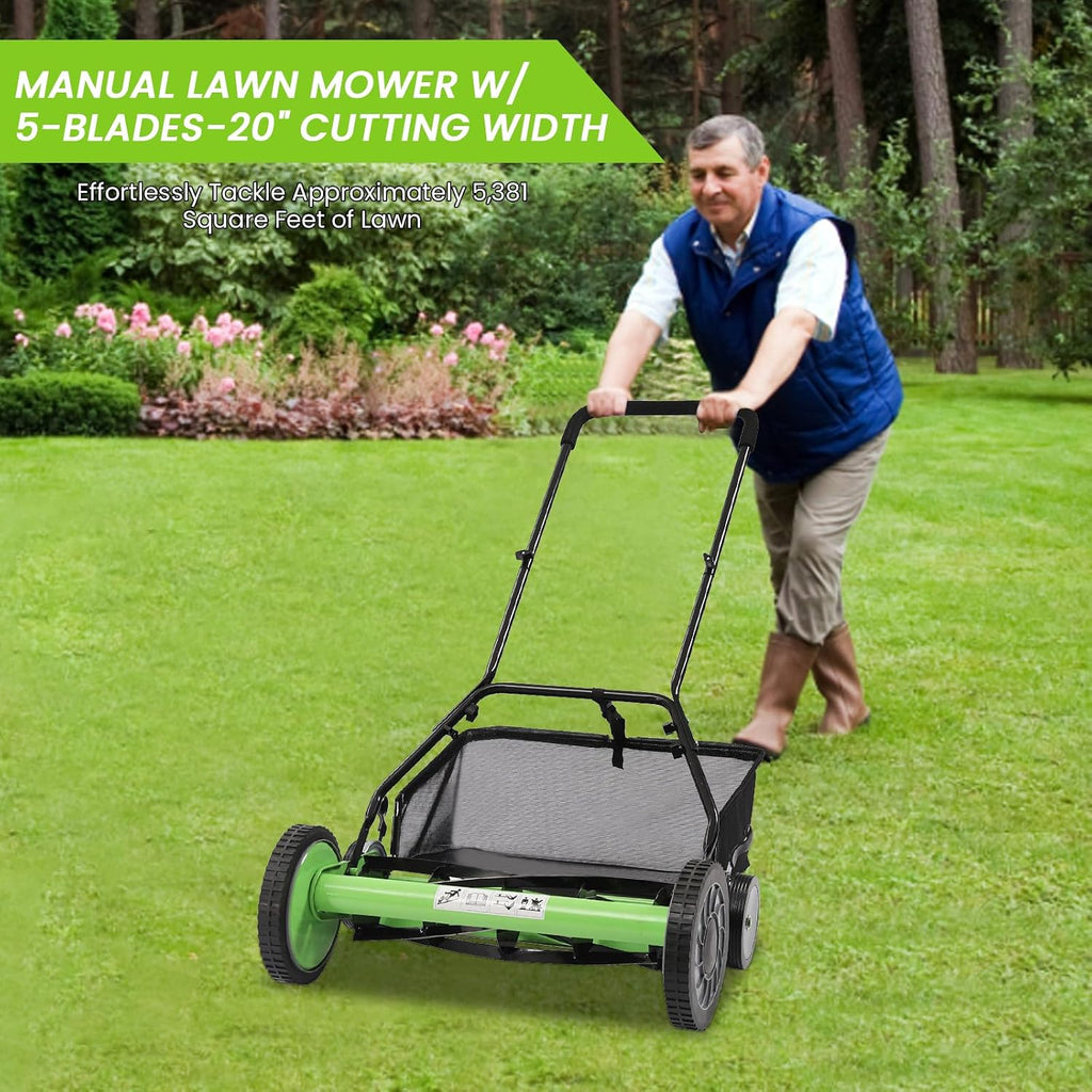 Push Mower Manual, 20 Inch 5-Blade Reel Mower with Grass Catcher, Adjustable Height