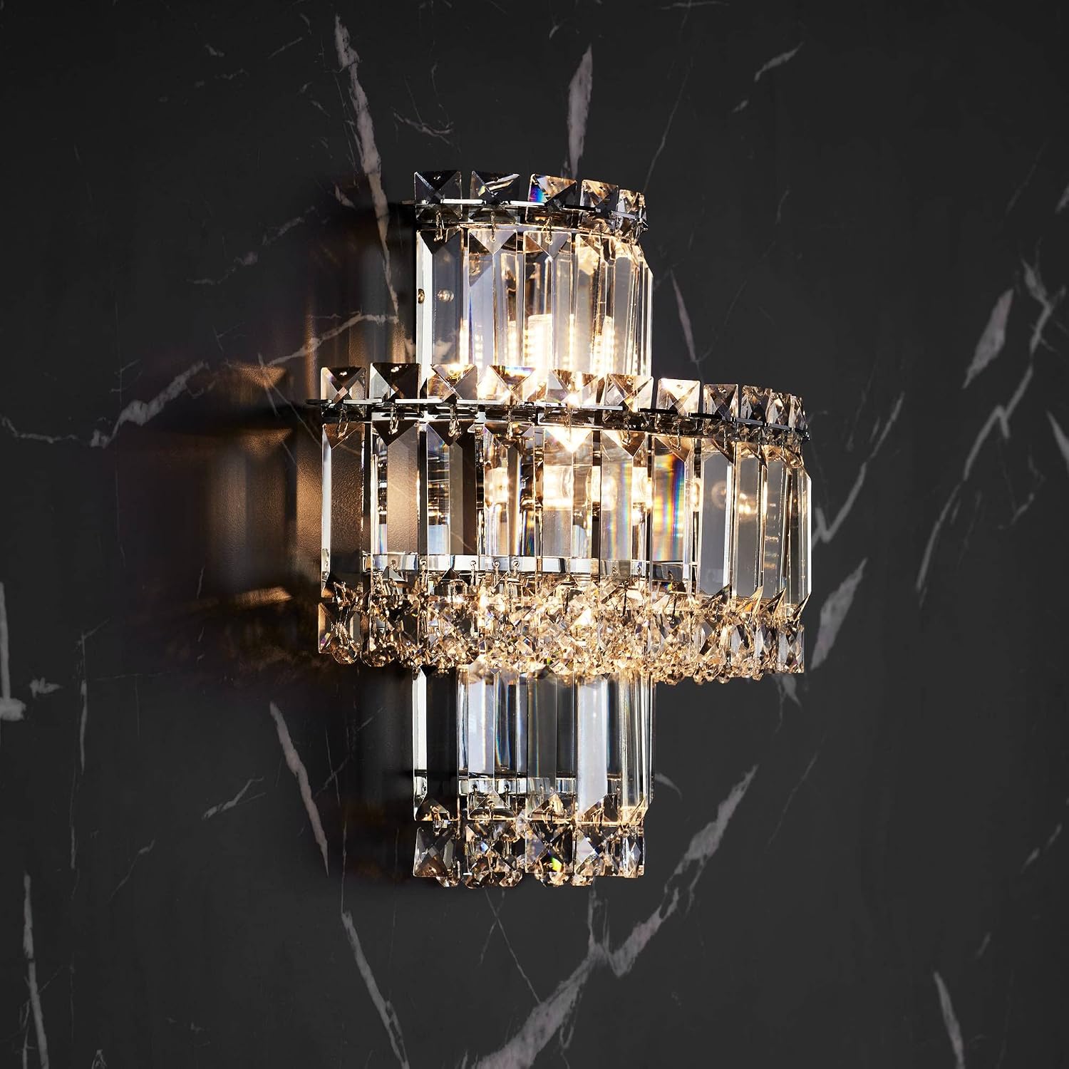 Vienna Full Spectrum Magnificence Mid Century Modern Wall Light Sconce Chrome Silver Hardwired 11 1/2' Wide Fixture Tiered Clear Crystal for Bathroom Vanity Mirror House Home Hallway Room Decor
