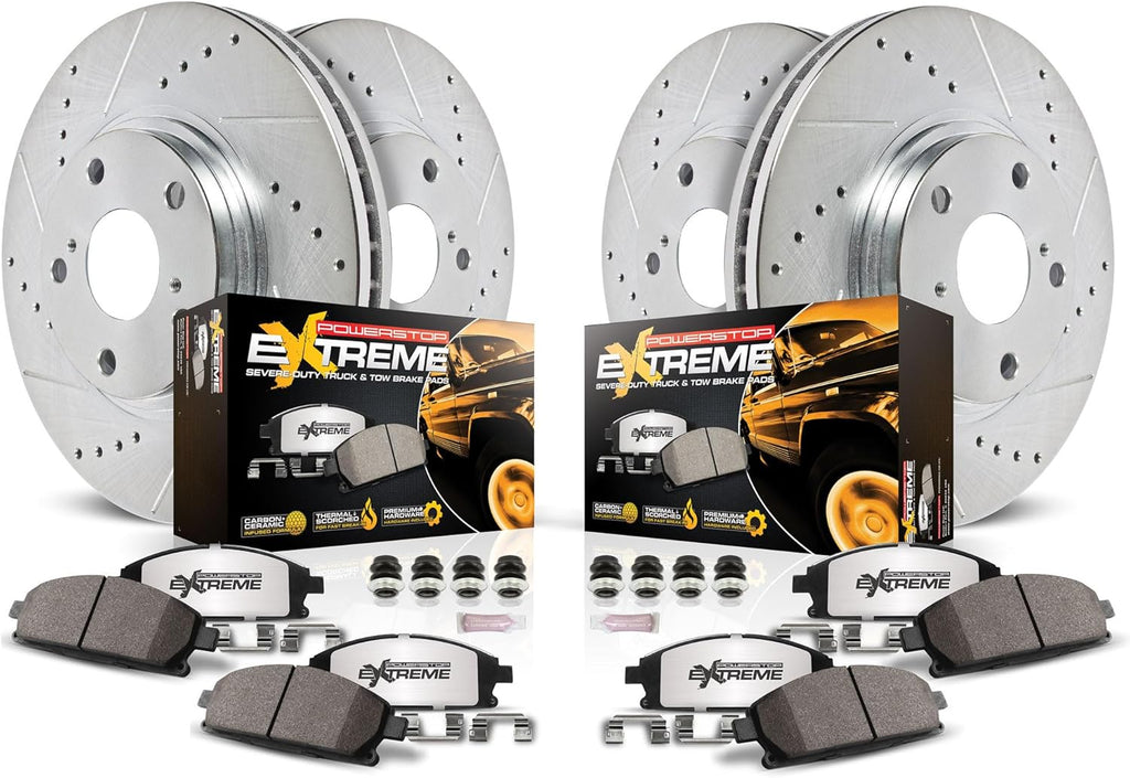 PowerStop Front & Rear Brake Kit For Chevrolet Silverado 2500 HD 2011 |GMC Sierra 3500 HD 2011 - Truck & Tow Carbon Fiber Ceramic Brake Pads + Drilled & Slotted Rotors Upgrade, K5561-36
